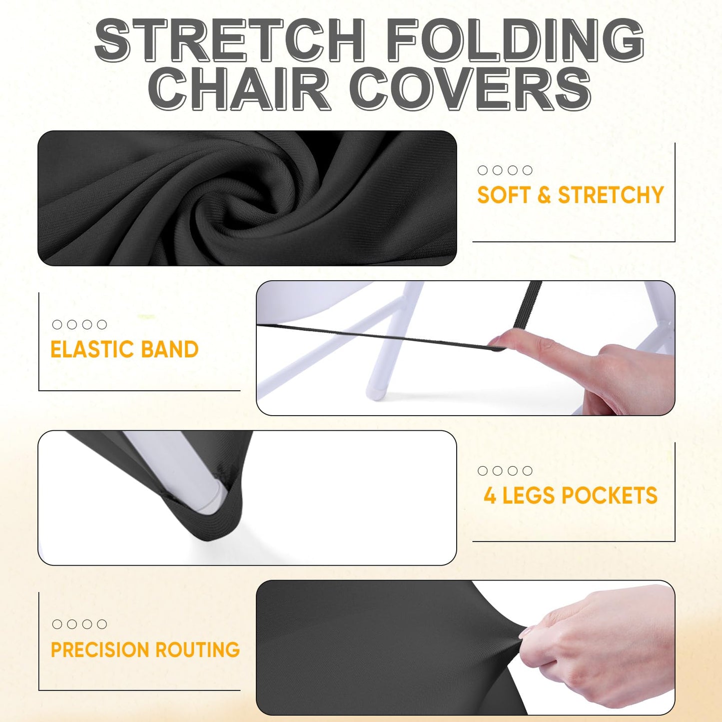 Windyun 50 Pcs Stretch Spandex Folding Chair Cover and Sequin Chair Sashes Set, 25 Double Sided Sequin Bows and 25 Universal Washable Protector for Wedding Banquet(Black, Gold)