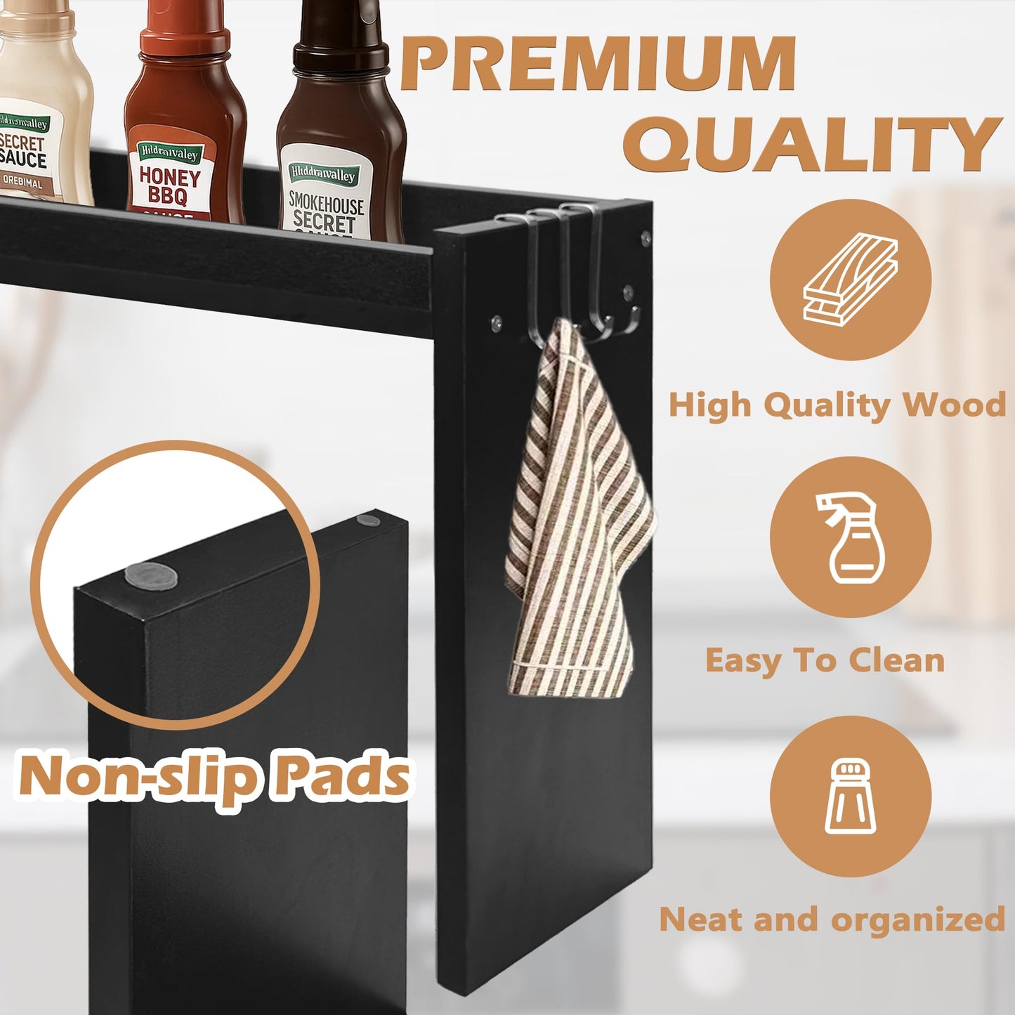 koretech Over The Stove Shelf, Wood Stove Top Shelf,31.5" Stove Top Organizer Shelves with 6 Hooks,11.5" Height Over Stove Spice Rack for Kitchen, Black
