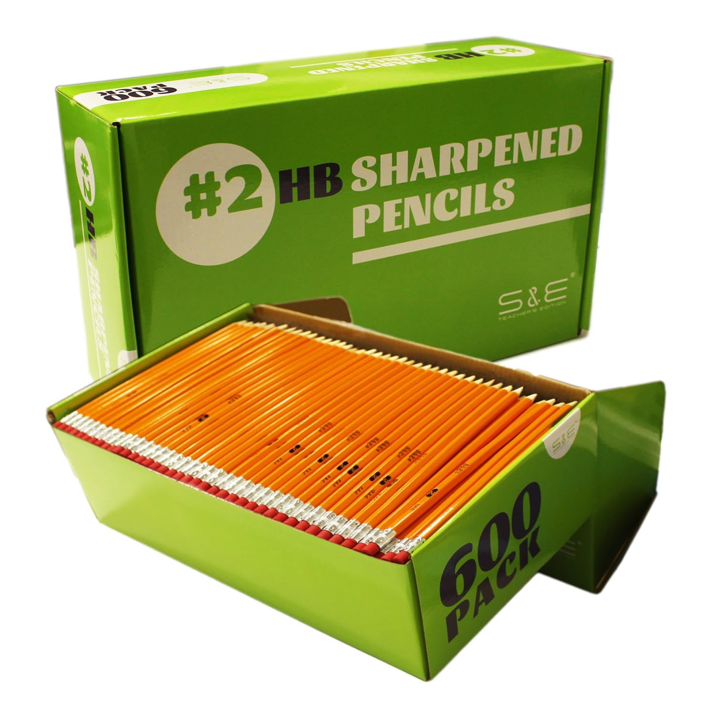 S & E TEACHER'S EDITION 600 Pack Pre-sharpened #2 Pencils with Erasers – Bulk Yellow Woodcase HB Lead Pencils for Classrooms, Standardized Tests, Offices & Back to School – No.2 Pencil Value Box