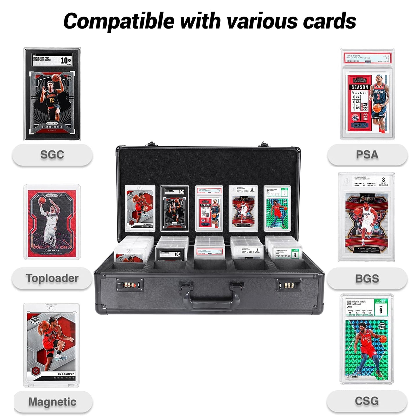 Graded Card Storage Box 5 Slots, PSA/BGS Graded Slabs-Collector Box for Trading & Sports Cards with Coded Lock, Easy to Carry(No Card)