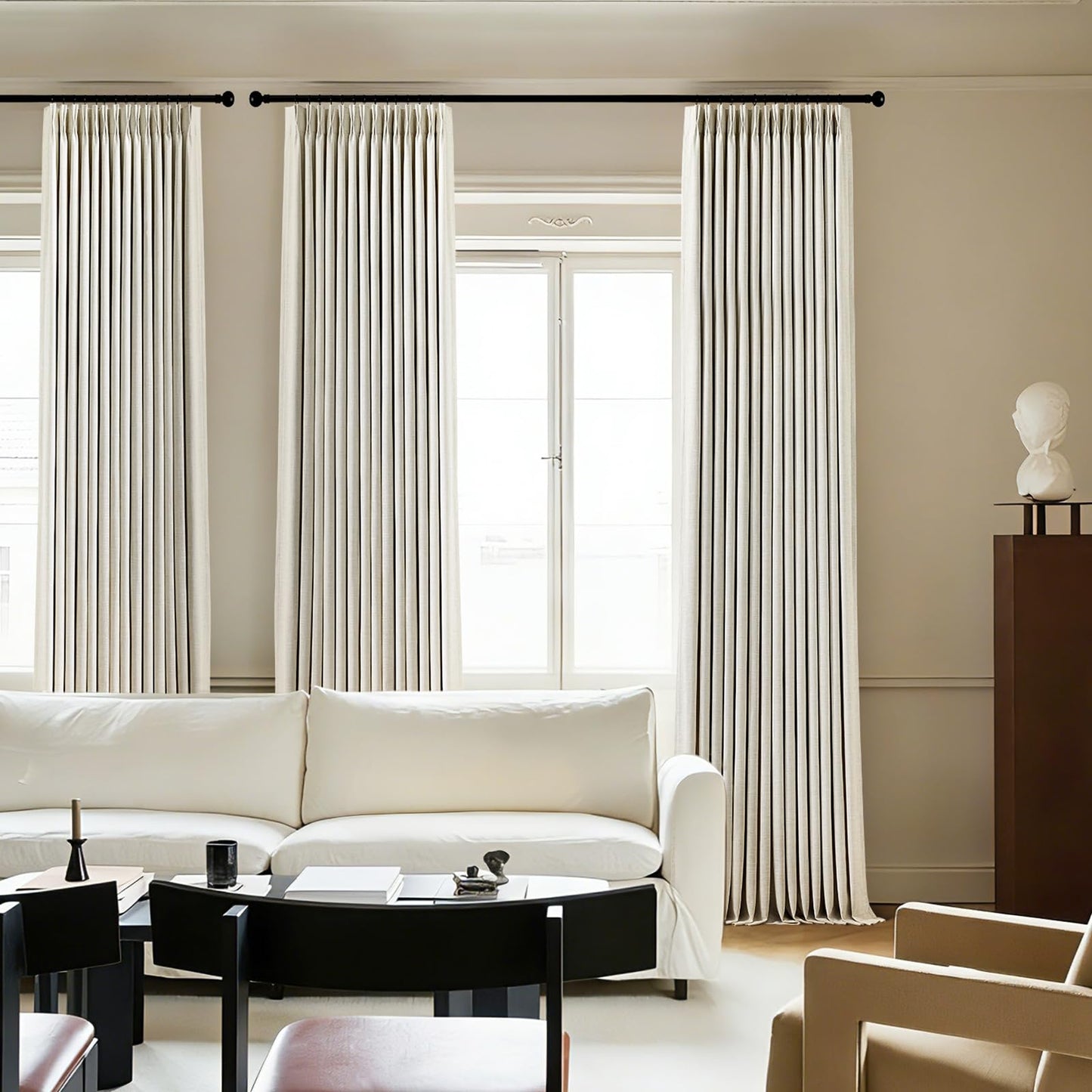 IVAPUPU Natural Pinch Pleated 100% Blackout Linen Curtains 90 Inch Length for Bedroom, Black Out Pinch Pleat Curtains for Living Dining Room Darkening Thermal Insulated Drapes with 16 Hooks, 2 Panels