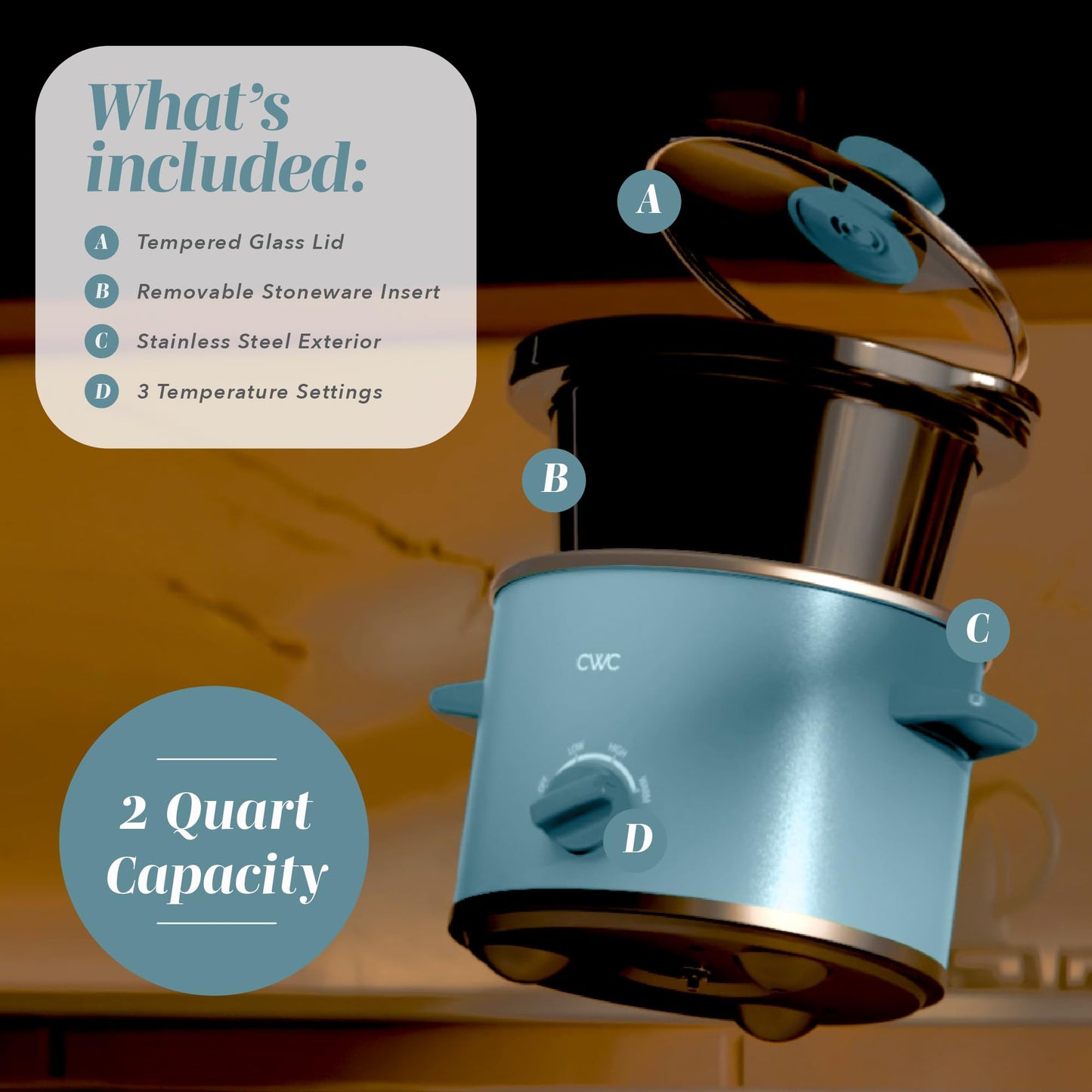 COOK WITH COLOR 2QT Mini Electric Round Slow Cooker - Adjustable Settings, Removable Stoneware Pot, Tempered Glass Lid, Dishwasher Safe, Cool-Touch Side Handles, Slate Blue