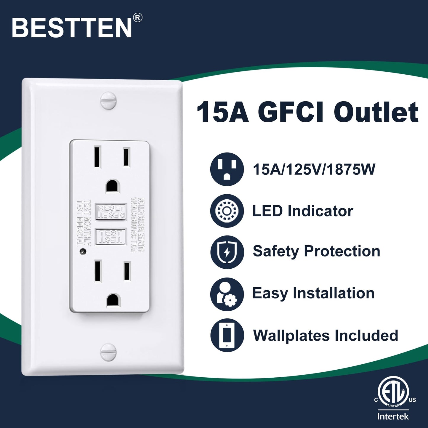 BESTTEN GFCI Outlet 15 Amp, GFI Receptacle Outlet with LED Indicator, Ground Fault Circuit Interrupter, Non-Tamper-Resistant, Wallplate Included, ETL Certified, 10 Pack, White