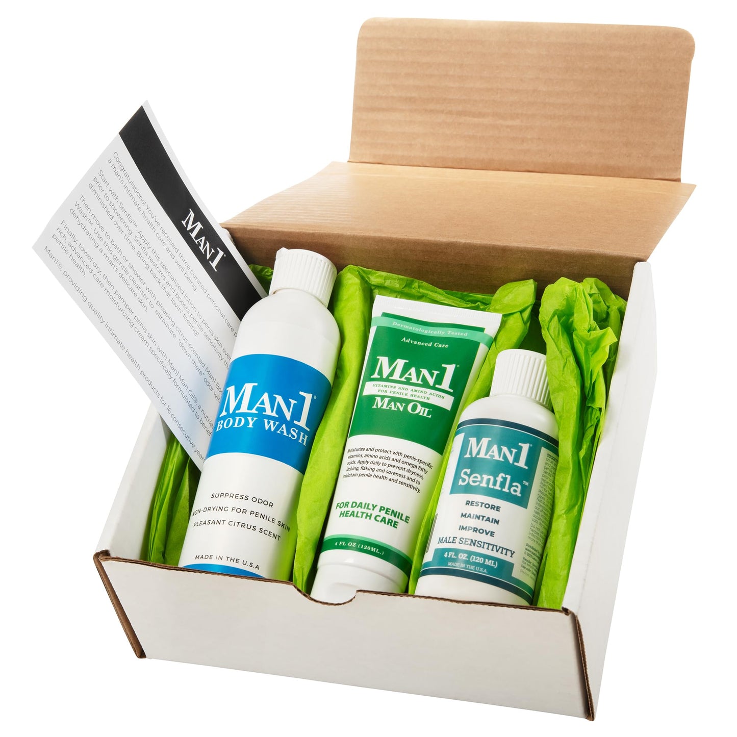 Man1 Collection: Penile Health Gift for His Anniversary, Birthday or Holiday. Give Him a Unique Present He’ll Love. Three Premium Products for Complete Penile Care: Man1 Man Oil, Senfla and Body Wash