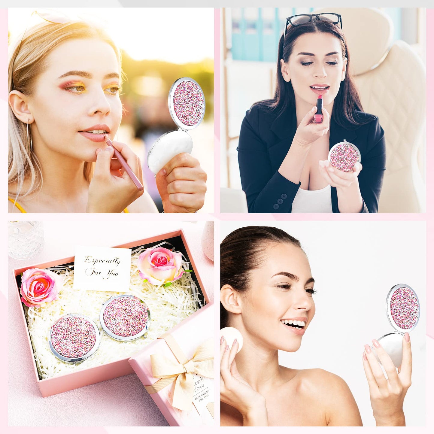 Maitys 16 Pcs Compact Mirror Bulk for Purses Small Cosmetic Folding 2.75 Inch Round Diamond Bling 1X/ 2X Magnifying Pocket Makeup Mirror for Women Wedding Gift, Pink Silver