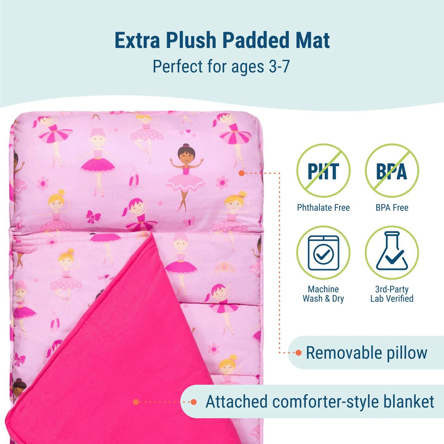 Wildkin Original Nap Mat for Kids – Soft, Cozy & Roll-Up Ready Sleep Mat, Ideal for School & Travel - Ballerina