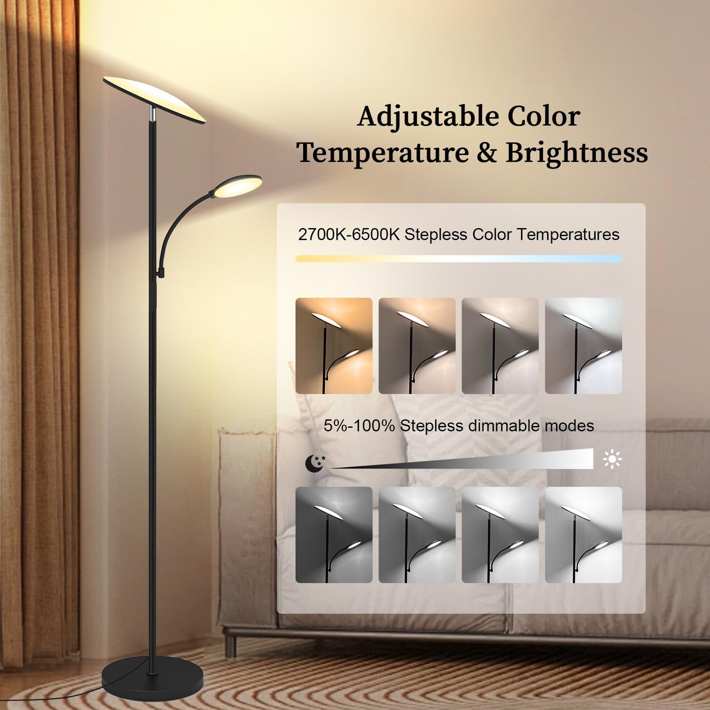 Floor Lamp, Upgraded 42W 4500LM Super Bright LED Floor Lamp with Rotatable Reading Light, Touch Remote Control & Memory Function, Stepless Dimmable Standing Lamp for Living Room Bedroom Office, Black