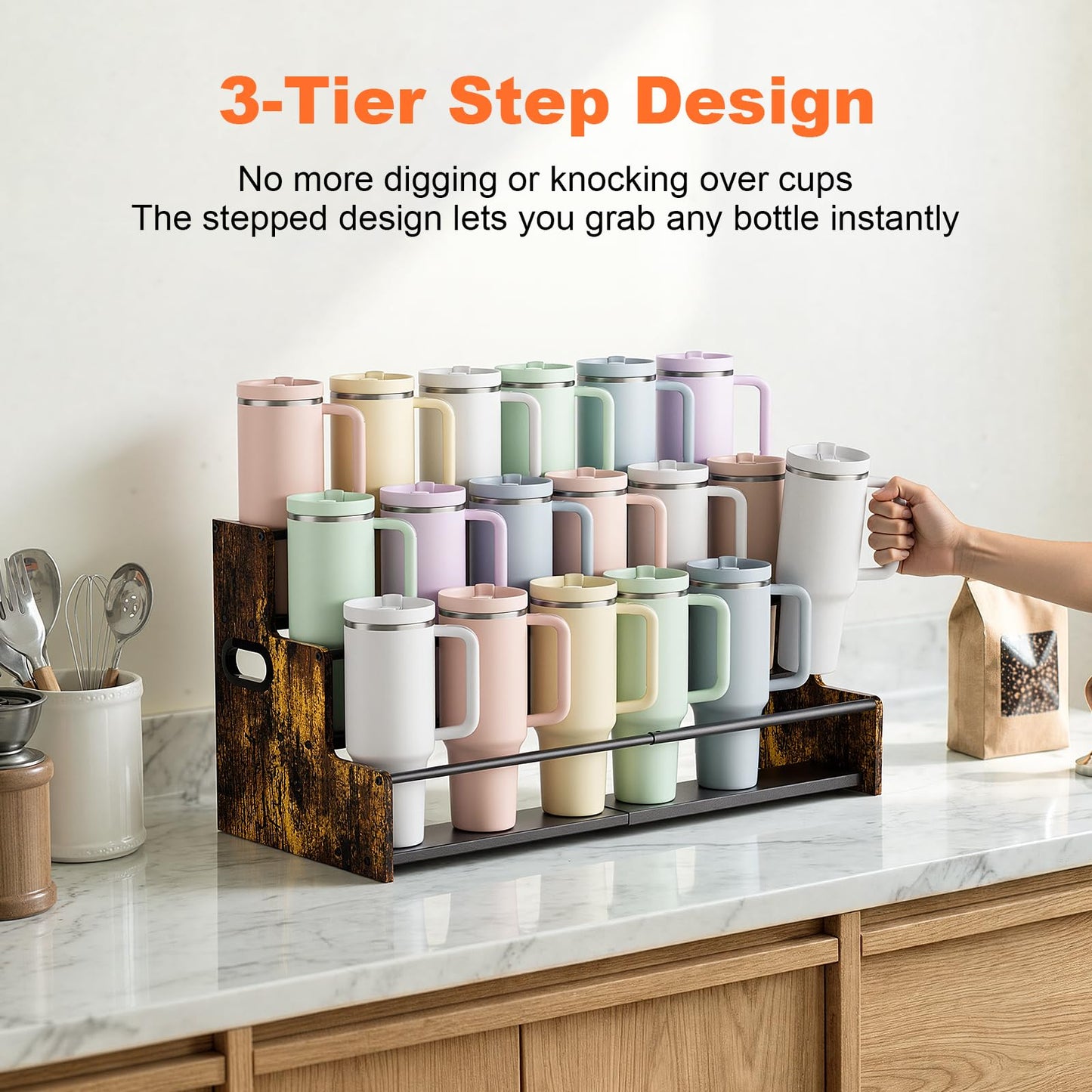 MOJOHAND Adjustable 3-Tier Stanley Cup Holder Rack, Expandable Water Bottle Organizer for 9-18 Stanley 40 oz Tumblers, Carbon Steel Kitchen Counter Storage