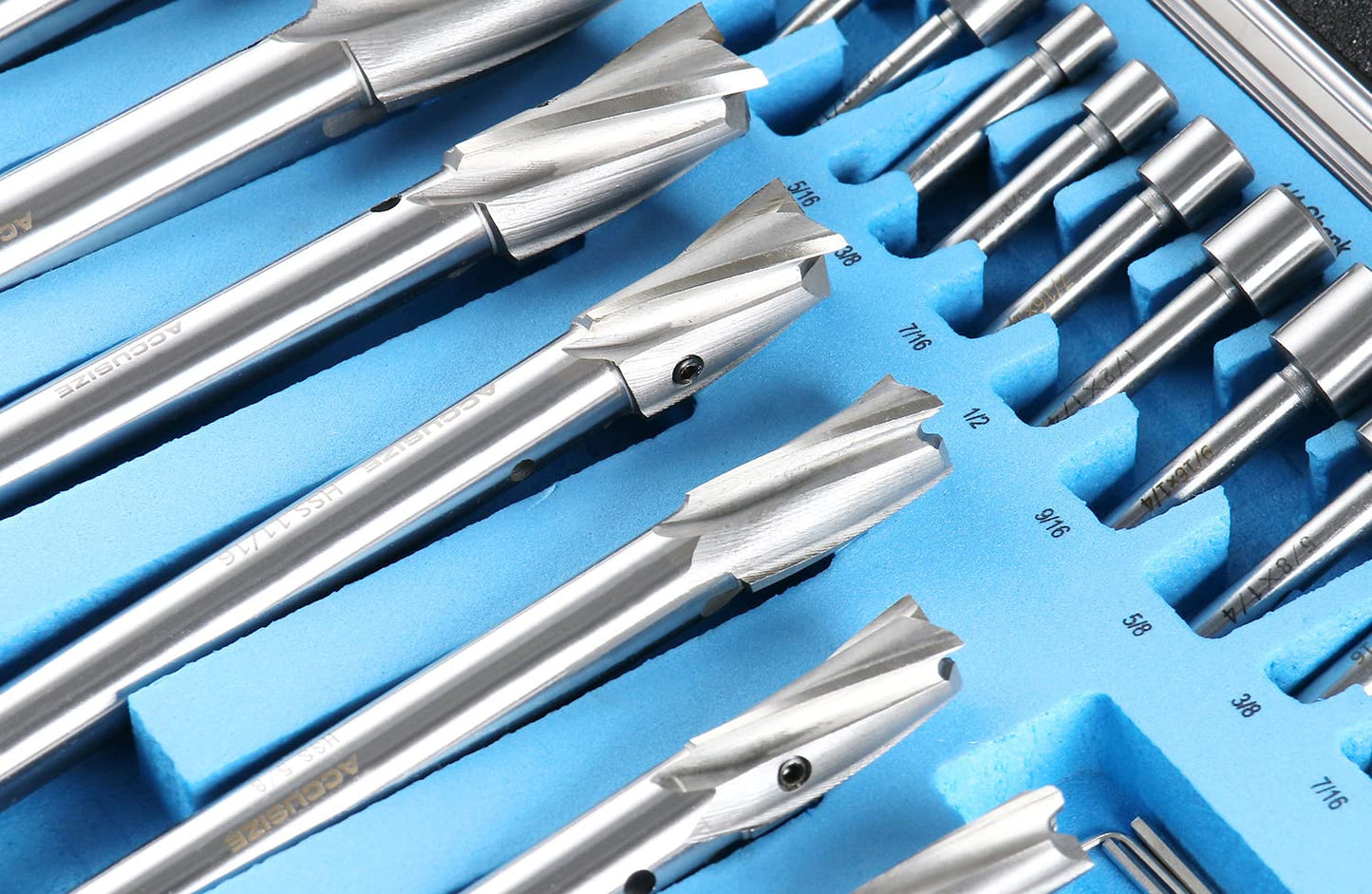 Accusize Industrial Tools 39 Pc Straight Shank H.S.S. Interchangeable Pilot Counterbore Set, Counterbores from 1/4'' up to 1'' by 16ths, 500S-A000