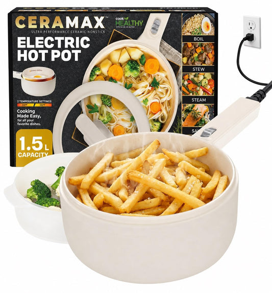 CERAMAX PRO Electric Hot Pot with Lid & Steamer, 1.5L Non Toxic Ceramic Cooker Skillet for Ramen, Eggs, Pasta for Dorms, Camping, RVs, Work, Adjustable Temp. - New Improved 2026 Model