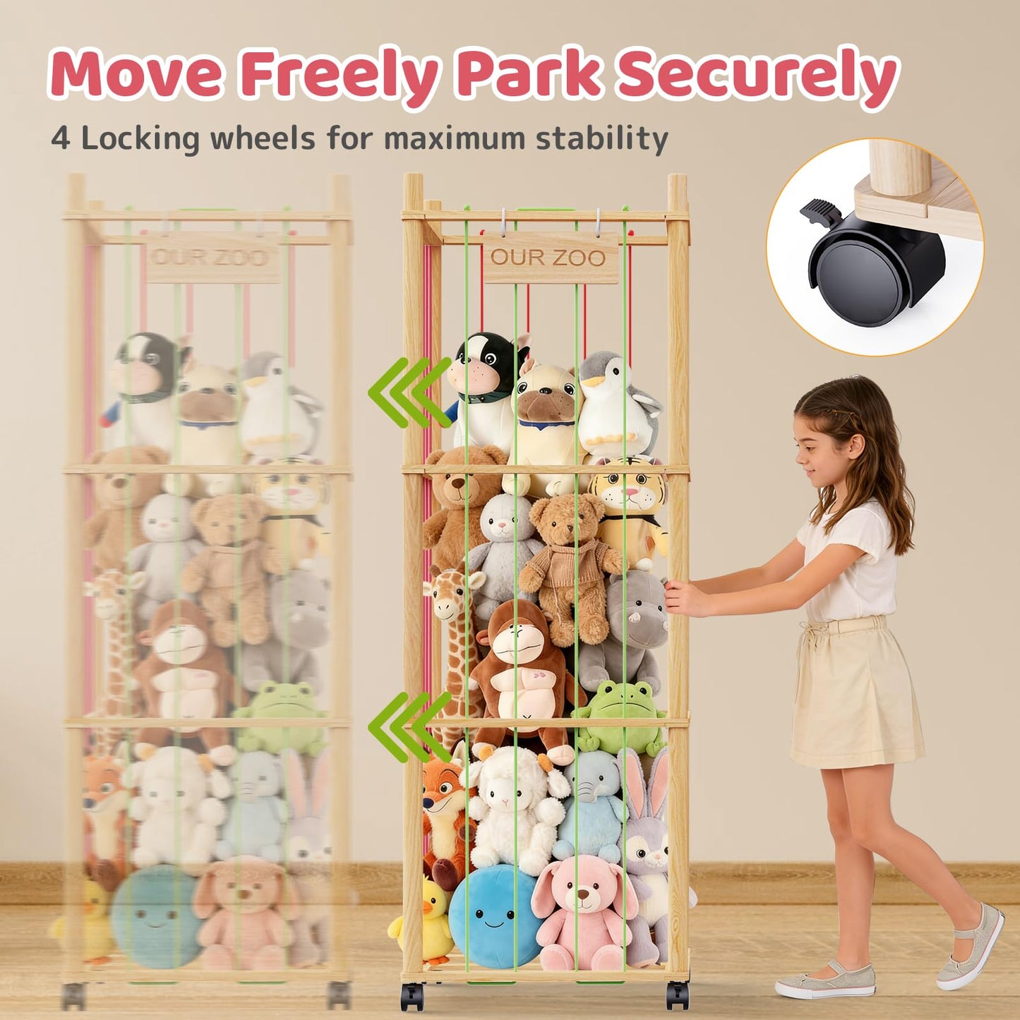 Stuffed Animal Storage & Organizer: Wooden Stuffed Animal Holder - 53.6" Stuffed Animal Zoo with Thicker Bands - Large Capacity Stuffy Storage for Playroom/Living Room/Nursery Room/Bedroom