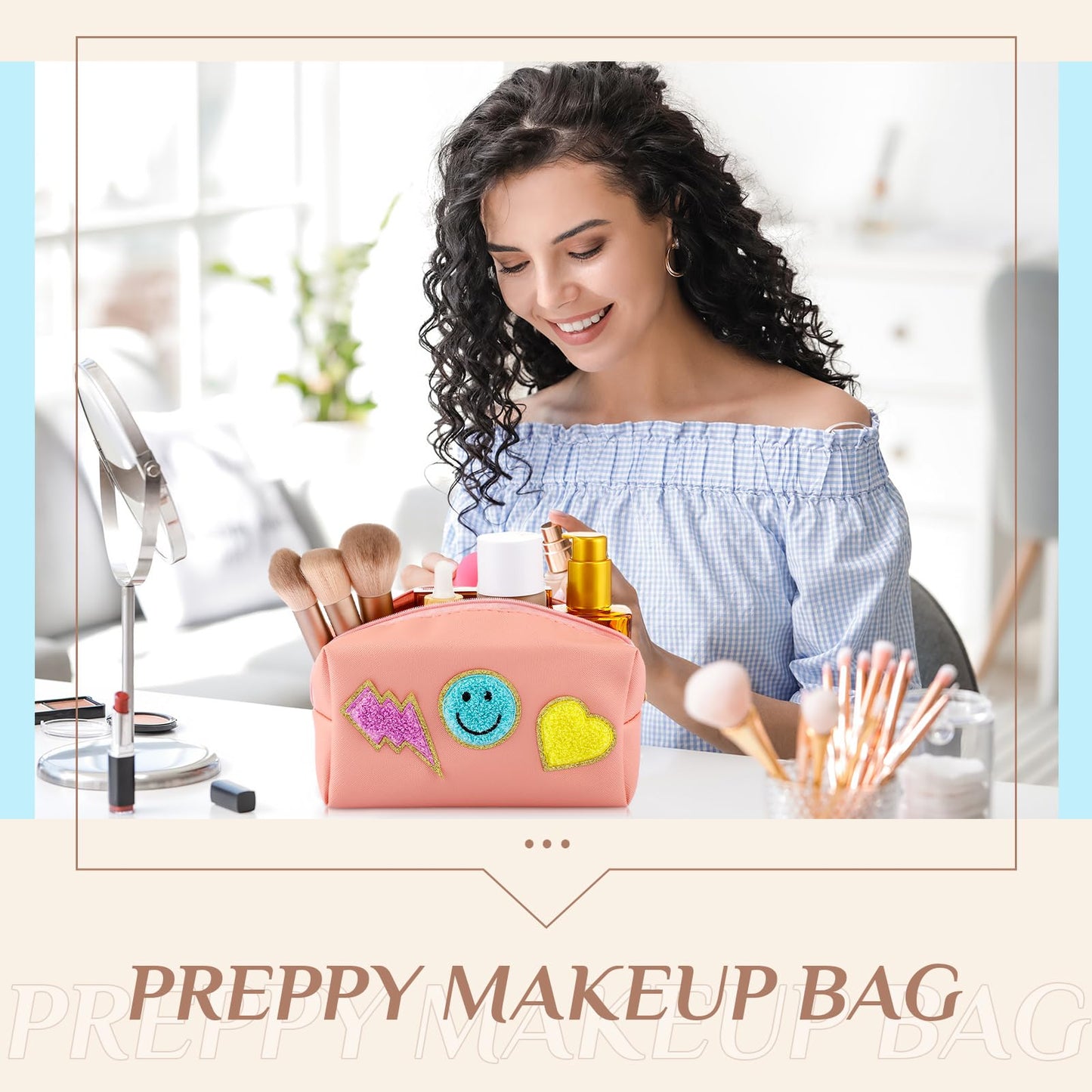 Sanwuta 20 Pieces Preppy Patch Makeup Bag Bulk Chenille Letters Bags PU Leather Aesthetics Cosmetic Organizer Smile Lightning Heart Toiletry Pouch Portable Waterproof Zipper Storage Purse for Women