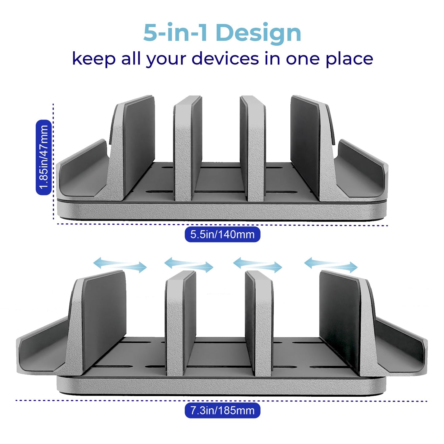 TEFONIA Vertical Laptop Stand Holder 5 Slots, Aluminum Space-Saving Laptop Holder, Adjustable Size Dock Tabletop Desk Organizer 3 Slot + 2 for Apple MacBook/Surface/PC/Tablet/iPad/iPhone (Space Gray)