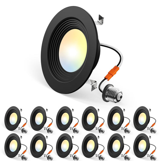 Amico 4 Inch 5CCT LED Recessed Lighting 12 Pack, Dimmable, Damp Rated, 8.5W=60W, Can Lights with Baffle Trim, Retrofit Installation, ETL&FCC, Black