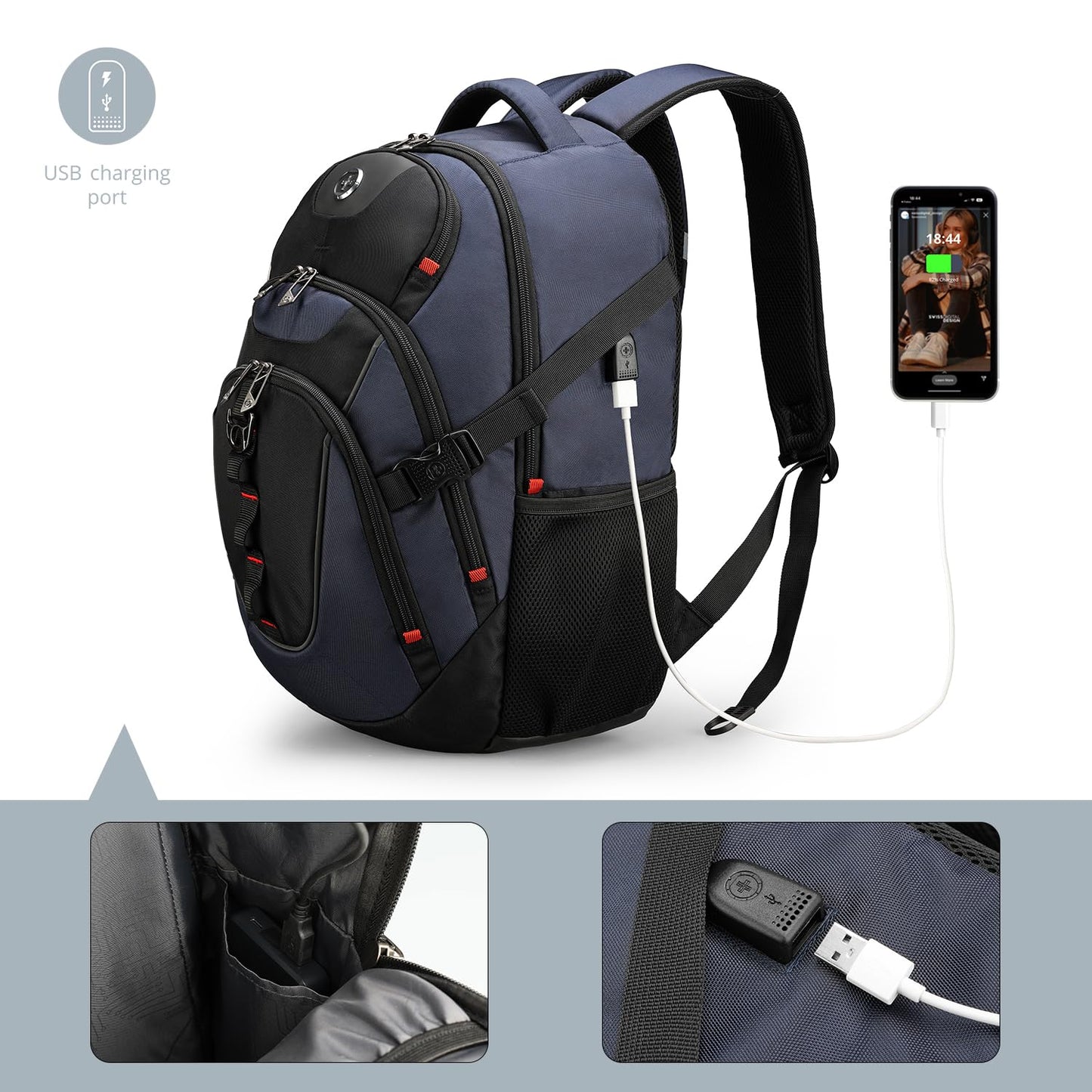 Swissdigital Design Large Business Laptop Backpack with Smart USB Charging Port, Travel Backpack Fits 15.6 inches laptops, Water Repellent College Backpack for Men Women (VECTOR SD803-12 Blue/Black)