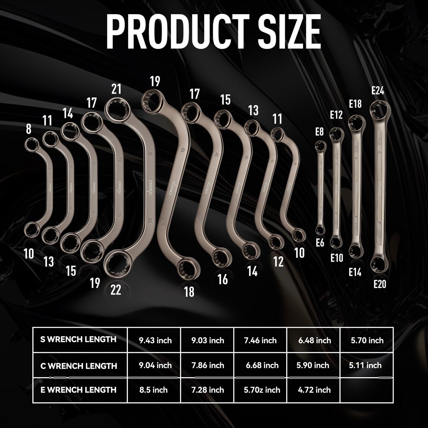 DISEN 14-Piece Half Moon&S-Style & E-Torx Wrench Set, CR-V, Wrench 5-Piece Half Moon Box Set Metric 8mm to 22mm,4-Piece E-Torx E6-E24,5-Piece S-Style Box 10-19mm,12 Point, EVA Foam Tool Organizer