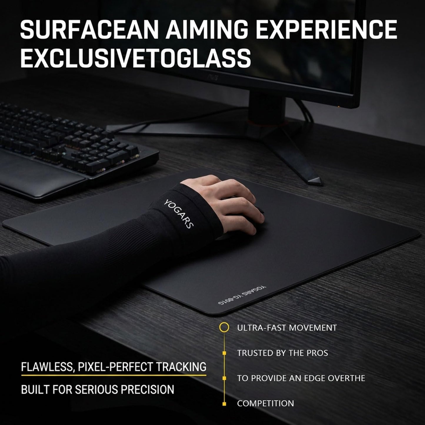 YOGARS Glass Gaming Mouse Pad, 19.7"x15.7" Large Glass Hard Mousepad for Esports, Ultra-Smooth Micro-Etched Surface Speed & Control, with Anti-Slip Base, Easy Clean Scratch Resistant (Black)