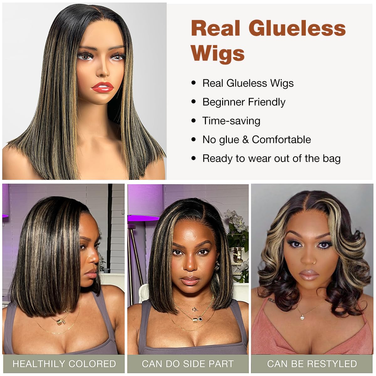 Amuopz Highlight Glueless Wig Human Hair Pre Plucked Pre Cut P1b/27 5x5 HD Lace Closure Bob Wigs Glueless Wear and Go Colored Ombre Straight Lace Front Human Hair Wig for Black Women 12 IN