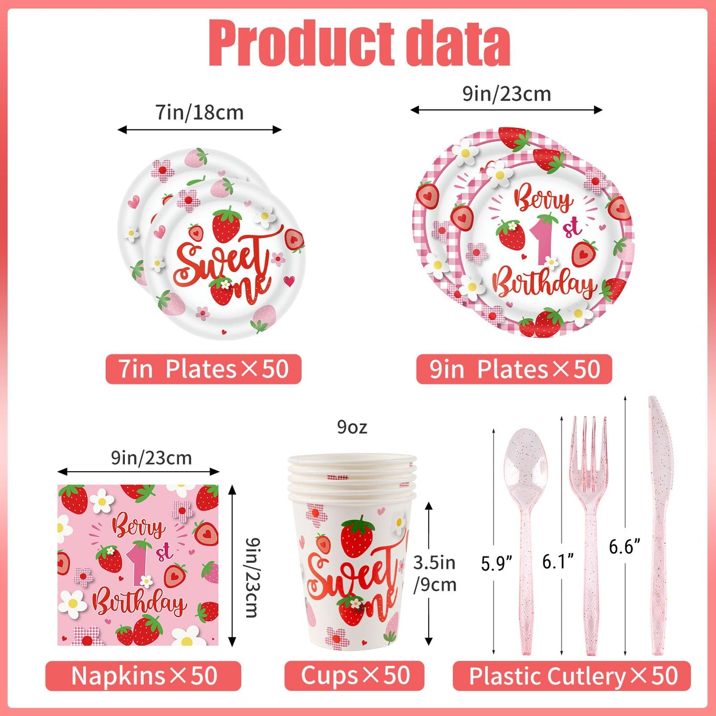 350 PCS Strawberry 1st Birthday Decorations for 50 Guests,Berry First Birthday Plate and Napkin Sets nclude Paper Plate, Napkin, Cup and Disposable Plastic Cutlery