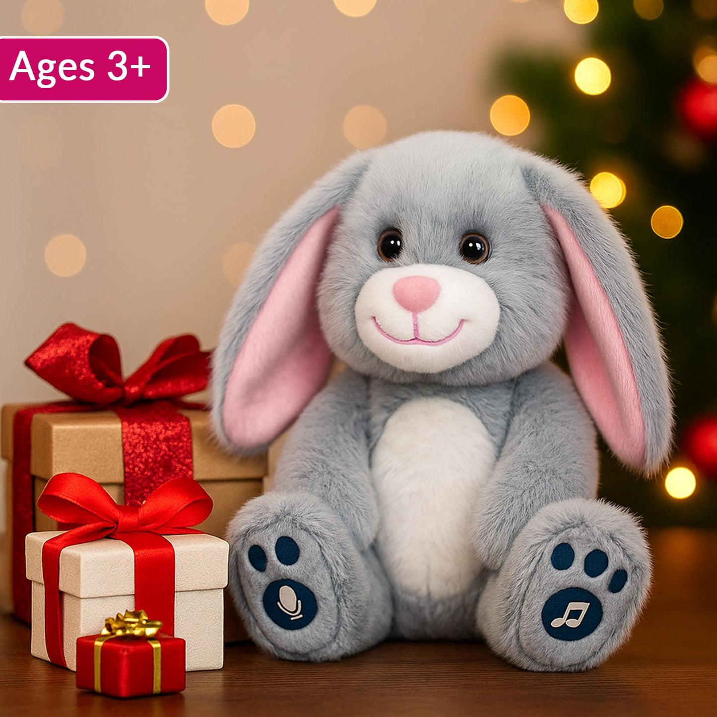 YH YUHUNG Easter Bunny Interactive Talking Plush Toy, Voice Repeat & Record, 10 Songs with Flapping Ears, Volume Control, Animated Stuffed Rabbit Easter Basket Stuffers for Toddlers Kids, Soft Gray