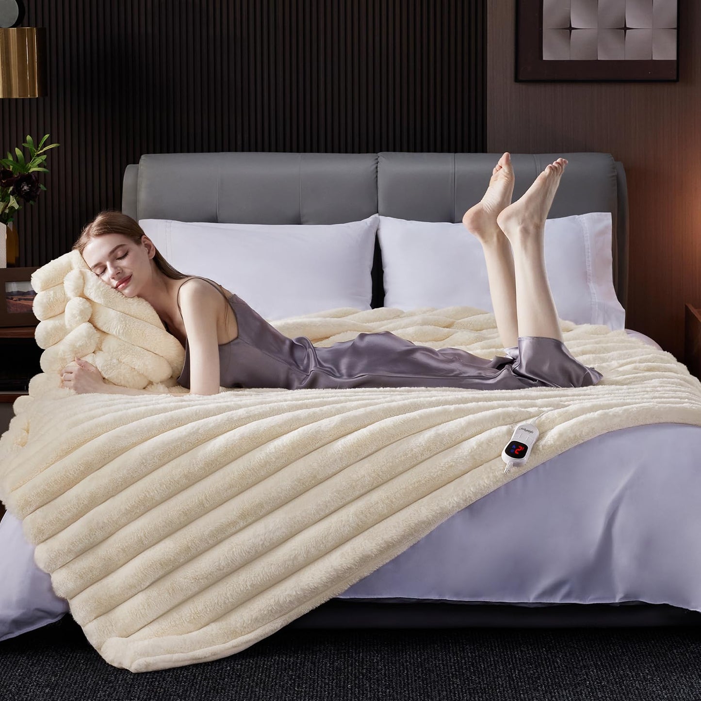 HaloRest Heated Throw Blanket, Faux Fur Cozy Heating Blanket with Overheat Protection, 1/2/4/6/8 Hours Auto-Off 10 Heat Level, Machine Washable (50x60 Inches, Cream White)