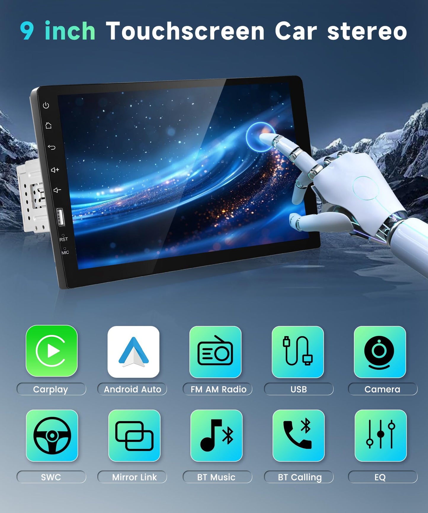 Single Din Carplay Car Stereo with Android Auto, Podofo 9 inch HD IPS Touchscreen Bluetooth Car Radio Supports FM/AM Radio Mirror Link SWC,Car Audio Receivers with Backup Camera/External Mic/USB