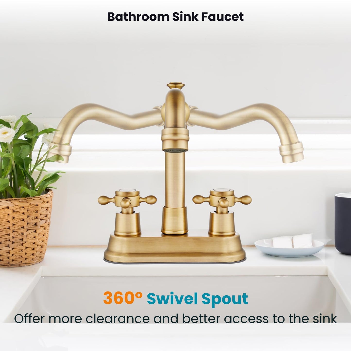 Gotonovo Antique Brass 2 Hole 4 Centerset Bathroom Sink Faucet with Double Cross Handles Deck Mounted Brass Vanity Mixer Tap Utility Include Water Hose, Suitable for 6-12 inch Hole