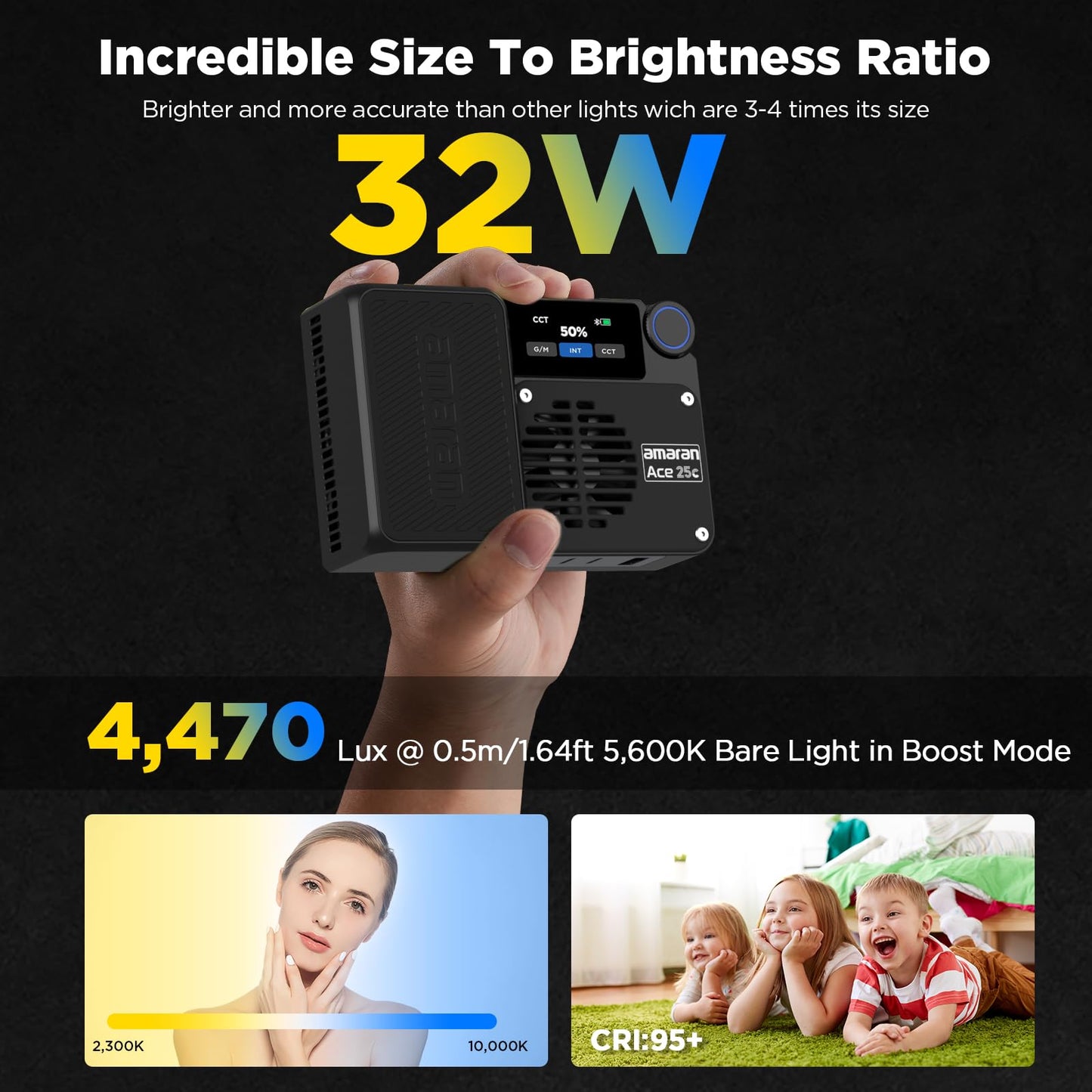 Amaran Ace 25c Pocket RGBWW LED Light, Boost Mode Up to 32W, Full-Color Mini Video Light (2,300-10,000K), 1,171 Lux@1m at 5,600K, 4500mAh Battery with PD Fast Charging for Mobile Creators (Charcoal)