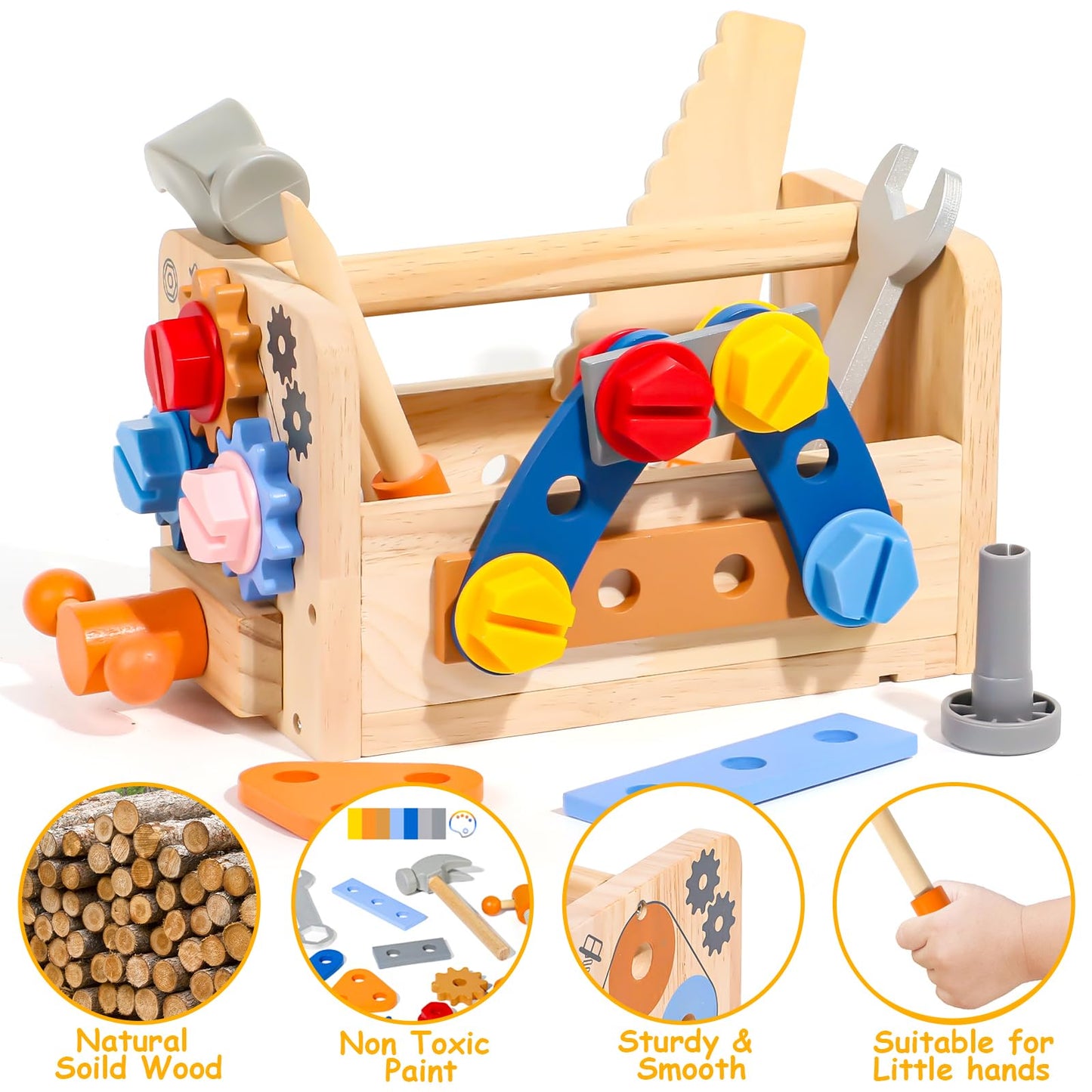 TONZE Kids Tool Set with Apron Wooden Toddler Tool Bench Box Montessori Toys for 2 3 4 Year Old Boys Girls Educational STEM Building Toys Pretend Play Toddler Toys 3 to 5 Years Old Birthday Gift