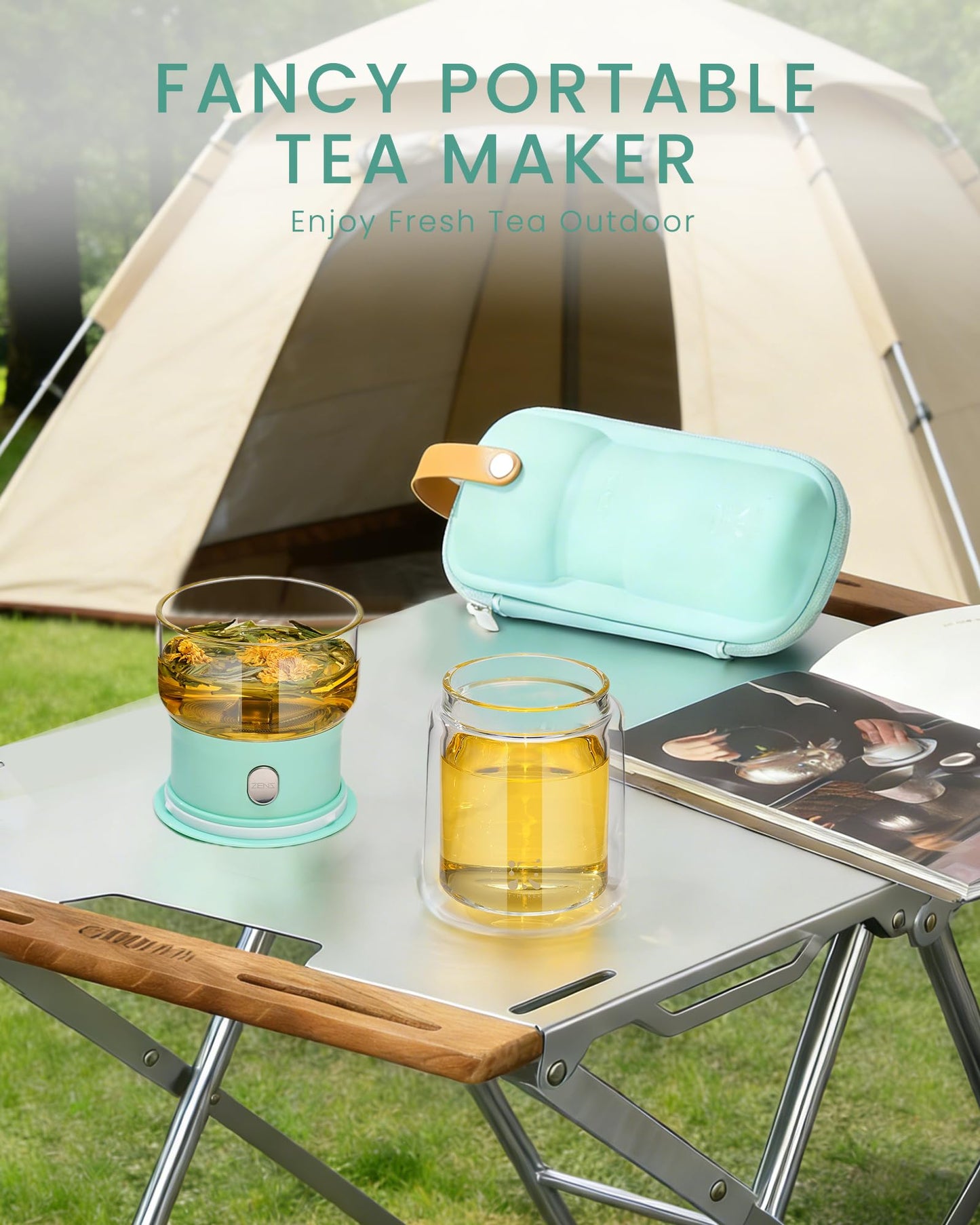 ZENS Modern Glass infuser Teapot, Small One Touch Tea Maker for Loose Tea Diffusers with 200ml Insulated Cup and Blue Portable Carry Case, Magic Gongfu Tea Pot for Tea Lovers Gifts