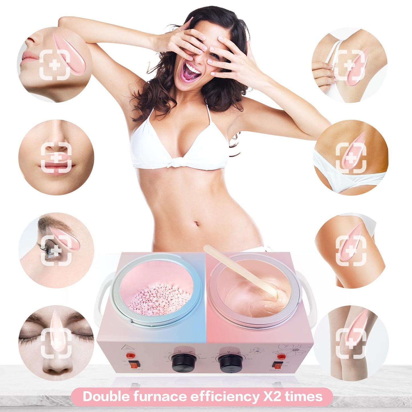 Portable Wax Warmer with Adjustable Temperature and 40 Wax Sticks - Painless Hair Removal for Women and Men (Pink-Double Pots)