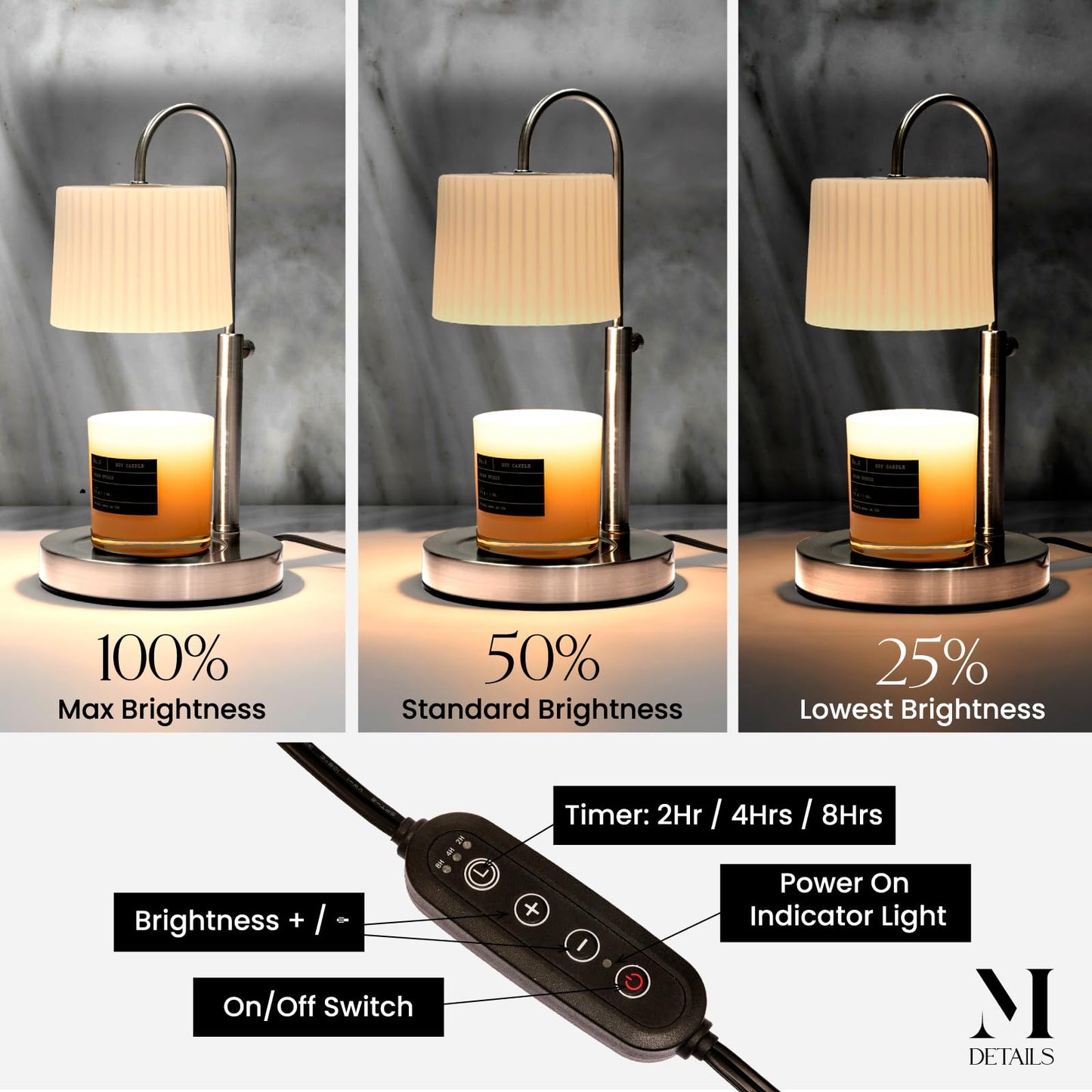 Dimmable Glass Candle Warmer Lamp with Timer - Adjustable Height Candle Lamp Warmer with Timer (8H/4H/2H) - Wax Melter - Ideal Gift, fits Various Size Scented Candles - 02 Bulb - (Brushed Nickel)