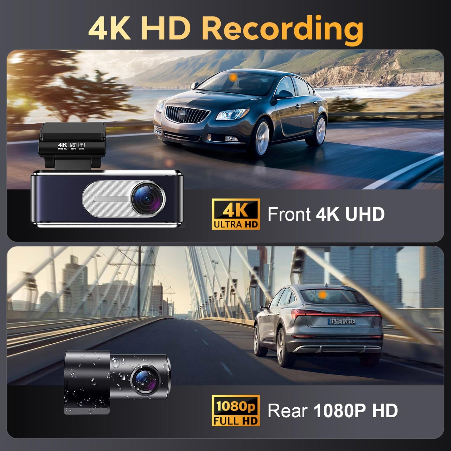 Csyibeielec Dash Cam Front and Rear - 4K HD Dual Dash Camera for Cars, Built-in 5G WiFi GPS, 64GB Card, Dashcam with 3.2" IPS Screen, UHD Night Vision, HDR, App Control, 24H Parking Monitor