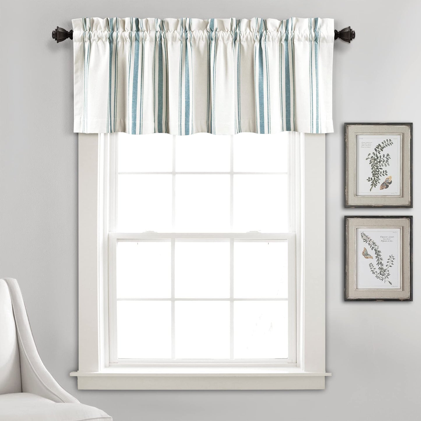 Lush Decor Farmhouse Stripe Yarn Dyed Recycled Cotton Window Curtain Valance, 18" L x 52" W, Blue - Classic Modern Rustic Charm - Eco Friendly Cotton Fabric