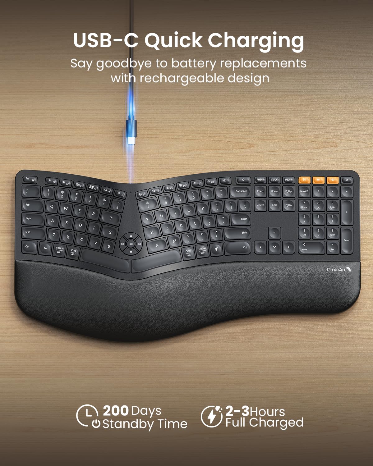 ProtoArc Backlit Wireless Ergonomic Keyboard, EK01 Plus Full Size Ergo Keyboard with Wrist Rest, Split Design, Rechargeable, Bluetooth and USB, Natural Typing Compatible with Windows/Mac/Android Black