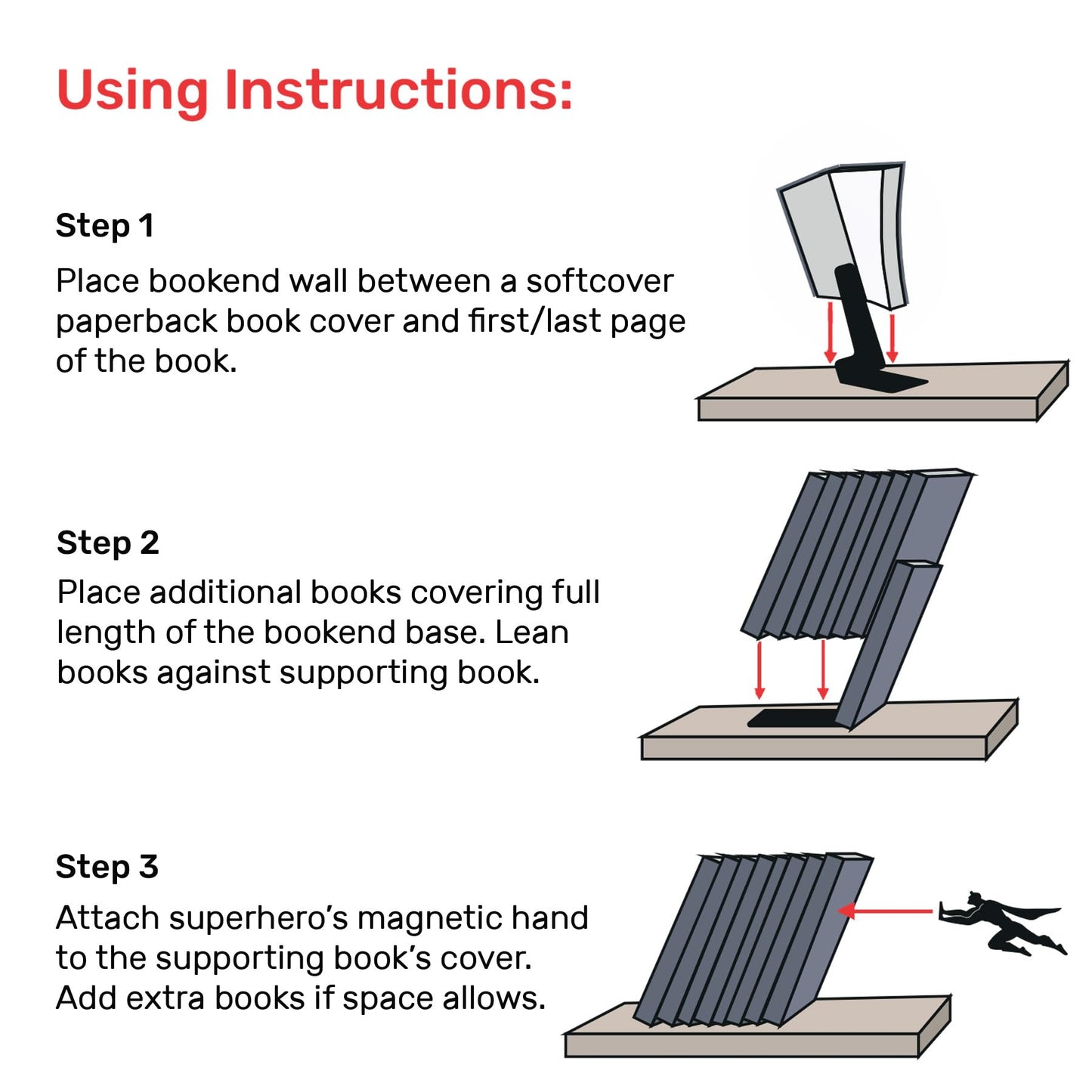 Artori Design Book Ends to Hold Books Heavy Duty Hidden Metal Bookends for Shelves Bookend Book Holder for Home Decorative Gift for Book End Lovers and Home Décor (Supergal+Book&Hero)