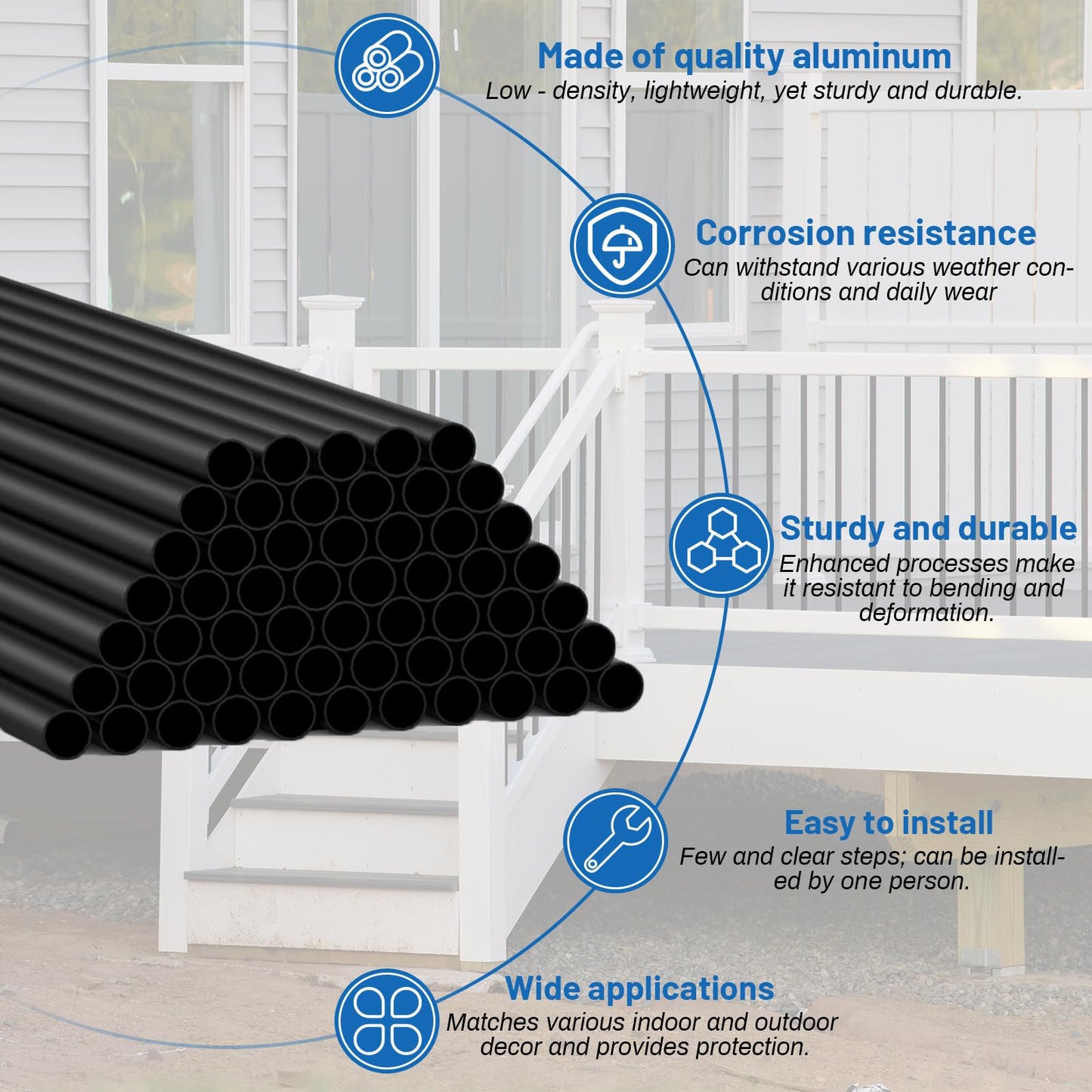 56 Pack 26 inch Aluminum Balusters for Deck Railing,Black Round Metal Spindles for Staircase,3/4" Diameter Hollow Deck Ballasters with Screws and Connectors for Railing Fencing Porch Stair Spindles