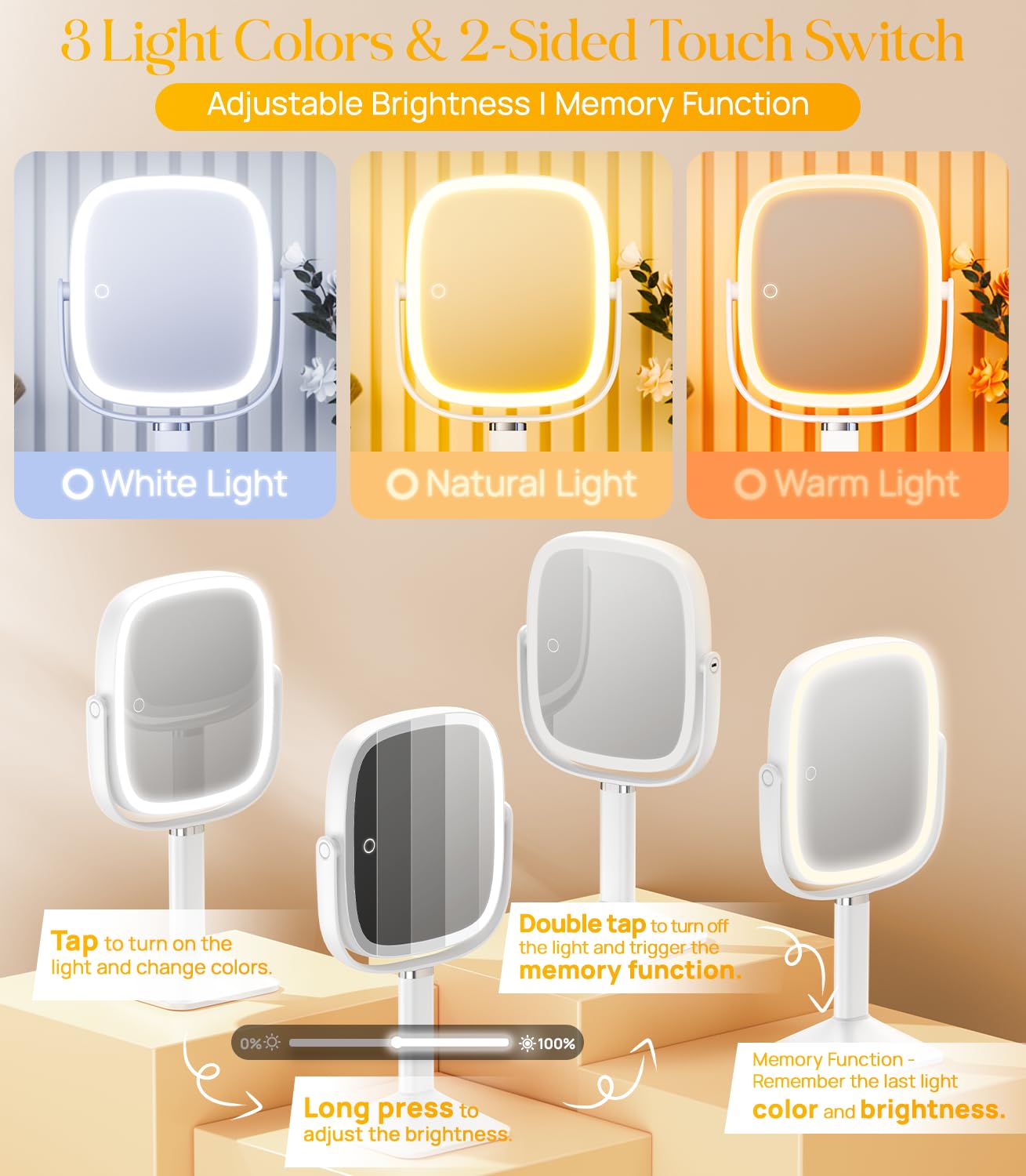 Gospire Rectangle Lighted Makeup Mirror with Lights 3 Color, Height Adjustable and 1X/7X Magnifying, 4000mAh Rechargeable Battery for Bedroom, 8.5”x7.4” Large Surface, Stepless Dimming - White