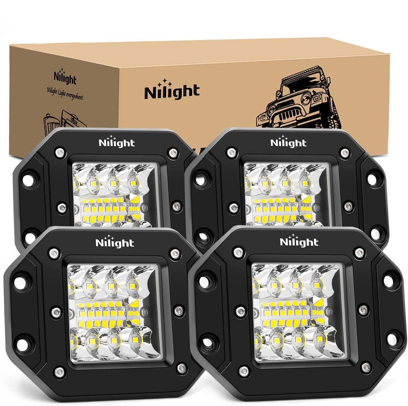 Nilight 4PCS 42W Flush Mount LED Light Pods - Upgraded Spot Flood Combo Beam Driving, Work, Backup, Reverse, Grill Mount Light for Offroad 4x4 Truck SUV