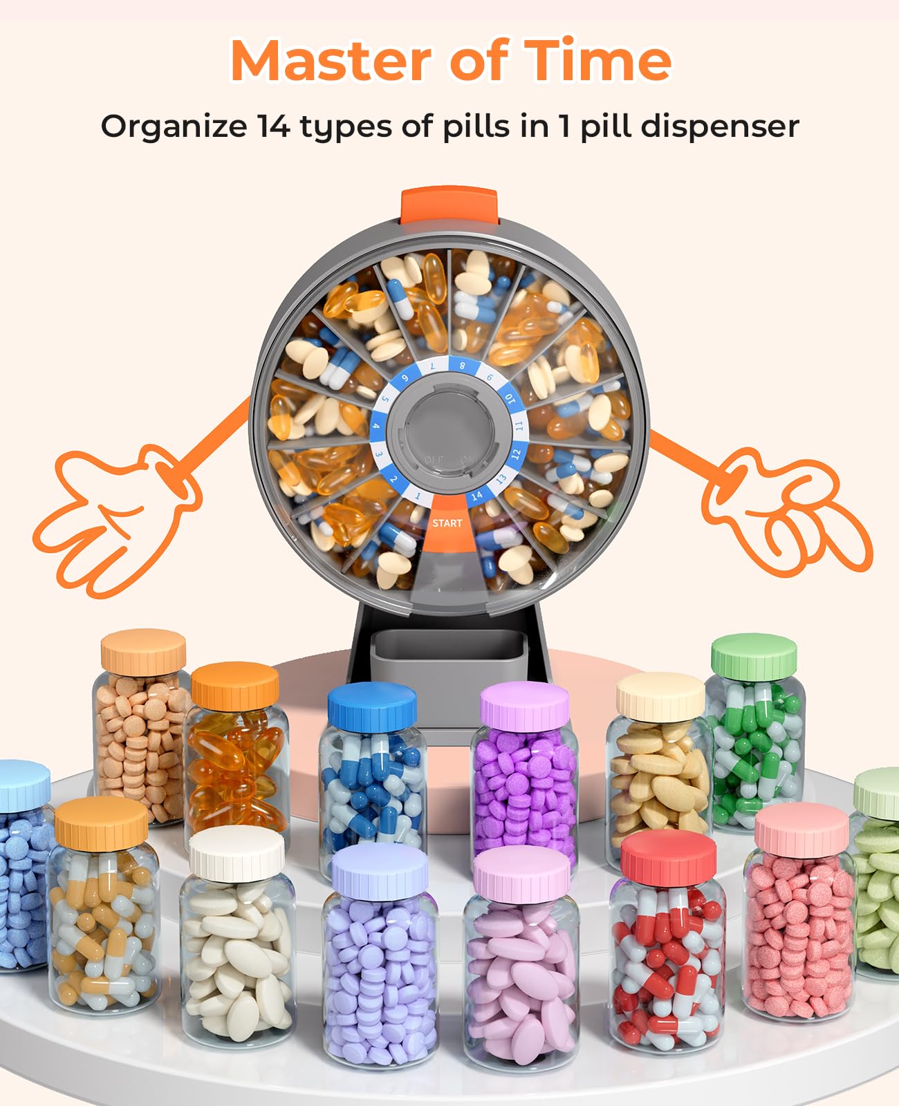 Daviky Pill Dispenser Daily, Large Pill Organizer with Wall-Mounted or Standing Use, 14 Days Pill Container, Push Button Design, Weekly Pill Box for Vitamin, Medicine,Supplement, Fish Oil(Gray)