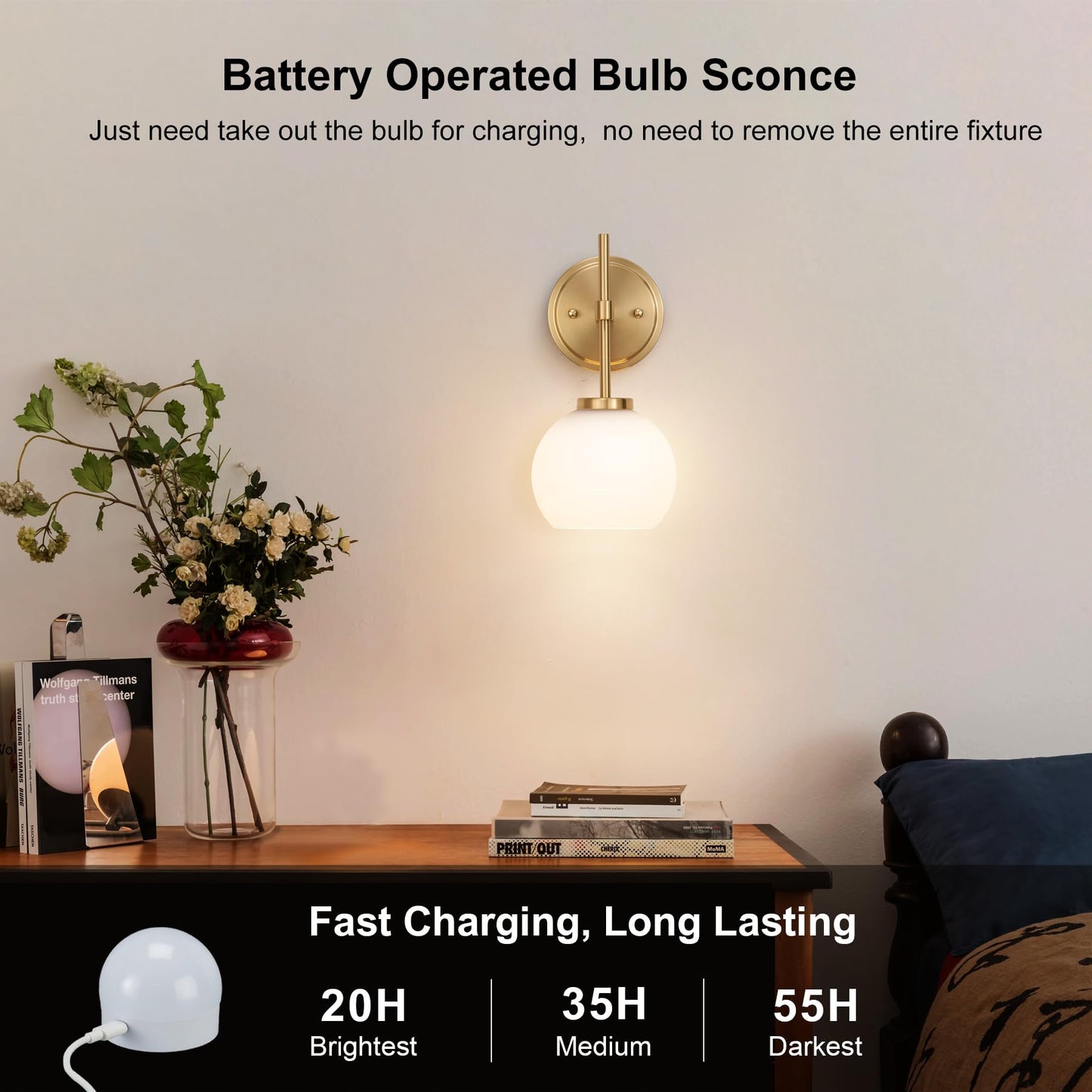 Gold Battery Operated Wall Sconce Set of 2, Wireless Rechargeable Sconces Wall Lighting with Remote Control, LED Dimmable Wall Lights with Opal White Glass Shade, 12 Colors RGB & 3 CCT Bulb