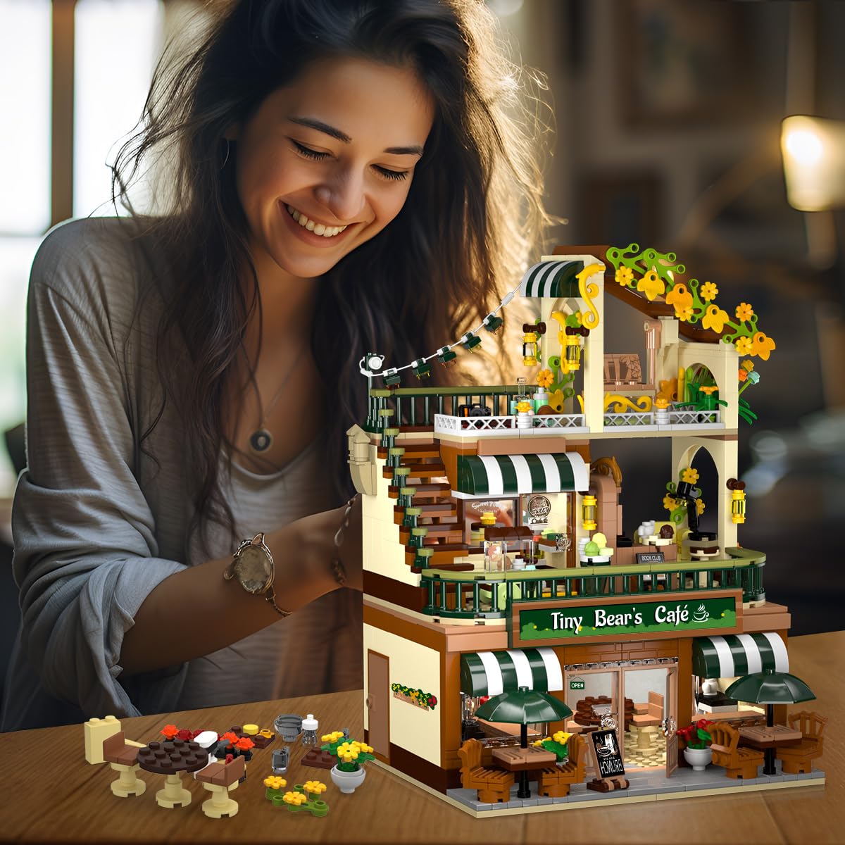 INSOON City Coffee House Building Set with Light, 1173 PCS Cafe Shop Building Block Toy with Ordering Counter Baking Room, Architecture Construction Model for Adults Teens Kids Boys Girls Ages 6-12+