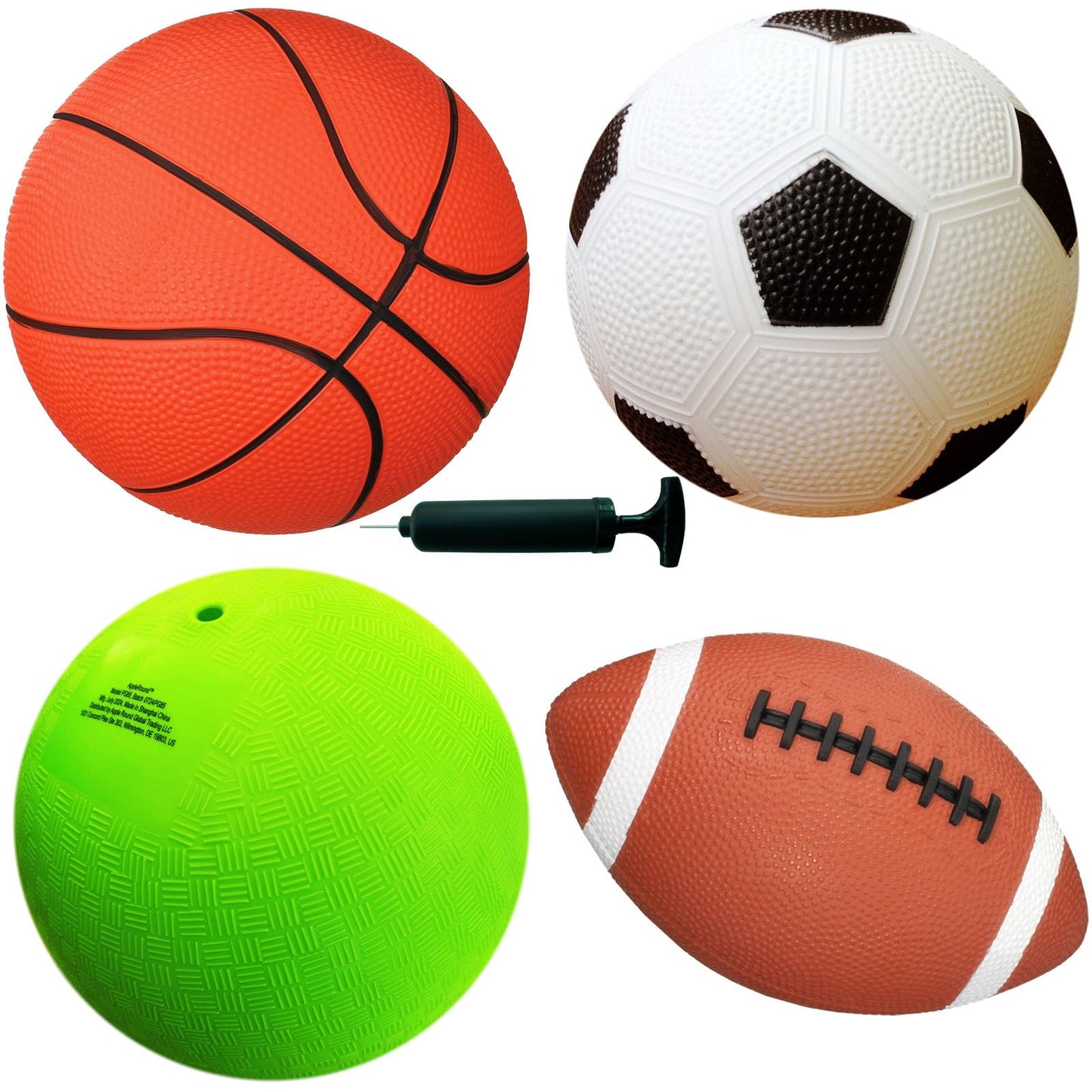 AppleRound Pack of 4 Sports Balls with 1 Pump for Kids and Teens: 1 Each of 8.5-Inch Soccer, Basketball, Playground Ball, and Football