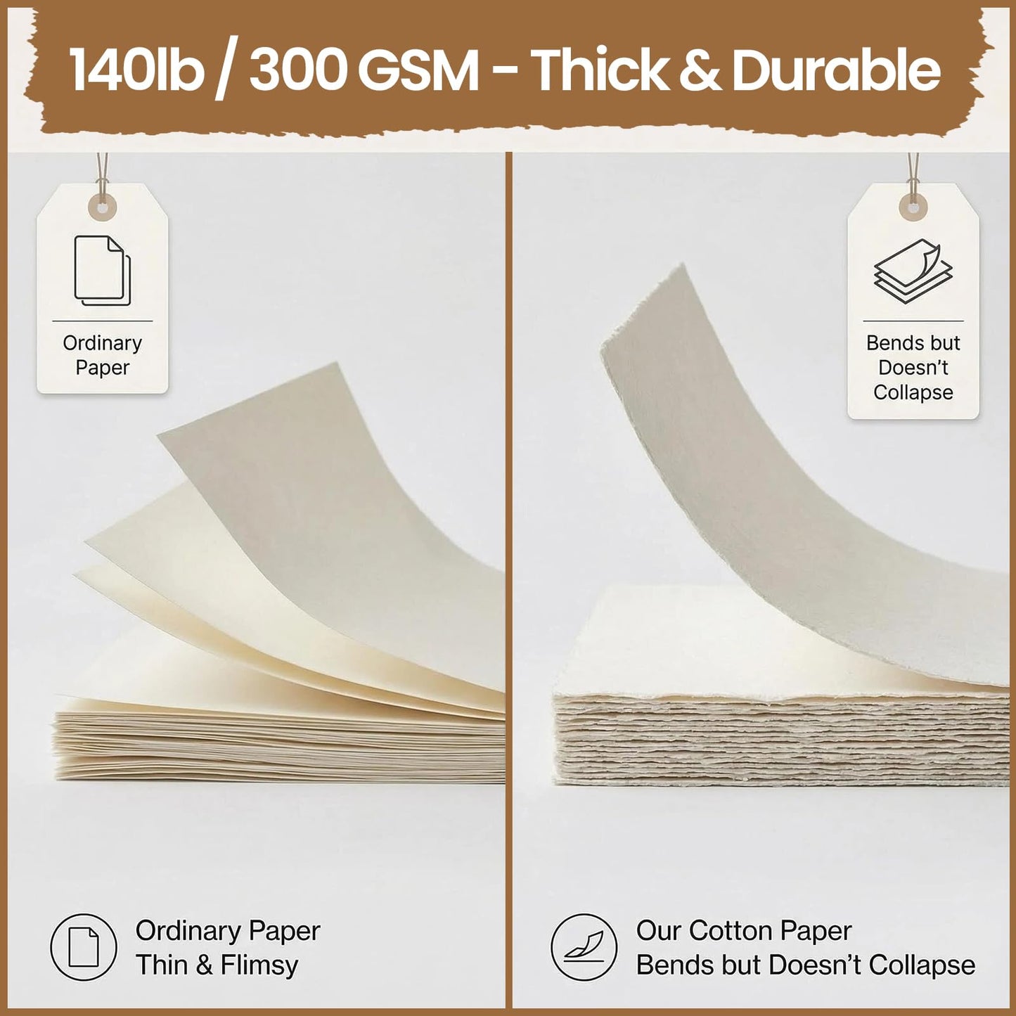 Deckled Edge Paper 5x7, 50 Sheets Handmade Watercolor Paper with Vellum Jackets for 5x7 Invitations, 300 GSM Natural Textured Paper, Rough Cotton Paper for Calligraphy, Painting & Craft Projects