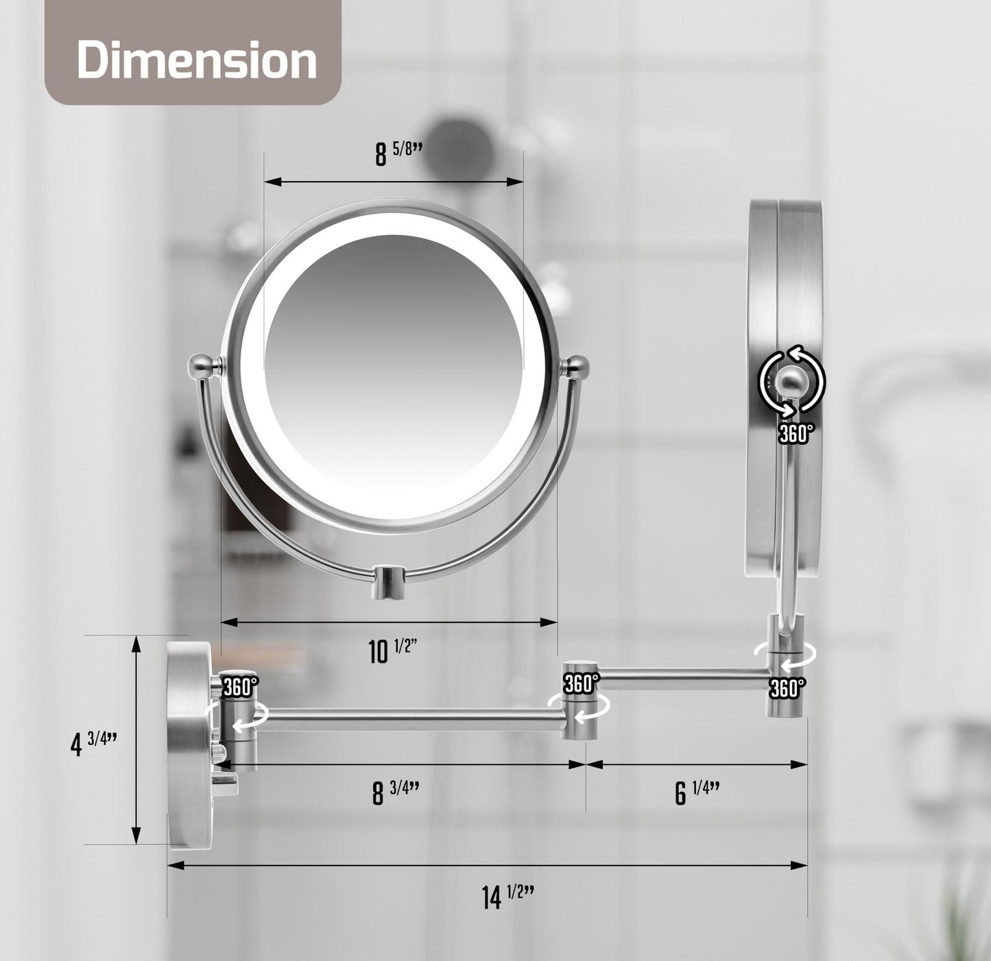 OVENTE 9" Lighted Wall Mount Makeup Mirror with 1X/7X Magnification, Double Sided Magnifying Vanity Mirror, LED Glow Light, 360° Swivel Design, Extendable & Folding Arm, Nickel Brushed MPWD3185BR1X7X