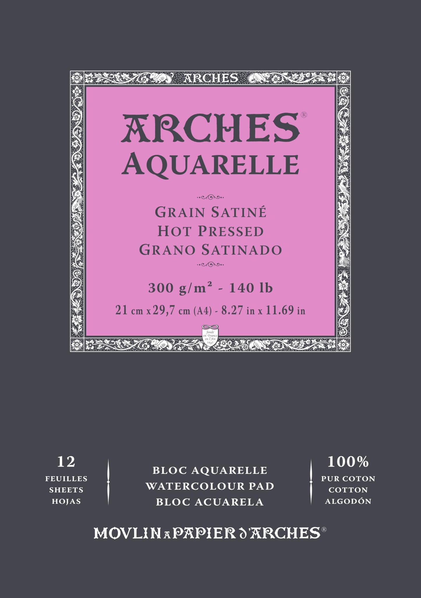 Arches A1795096 Pad Enc 21 x 29.7 12H Aquarelle 100% Satin 300 g White