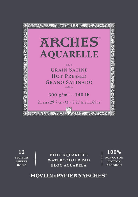 Arches A1795096 Pad Enc 21 x 29.7 12H Aquarelle 100% Satin 300 g White