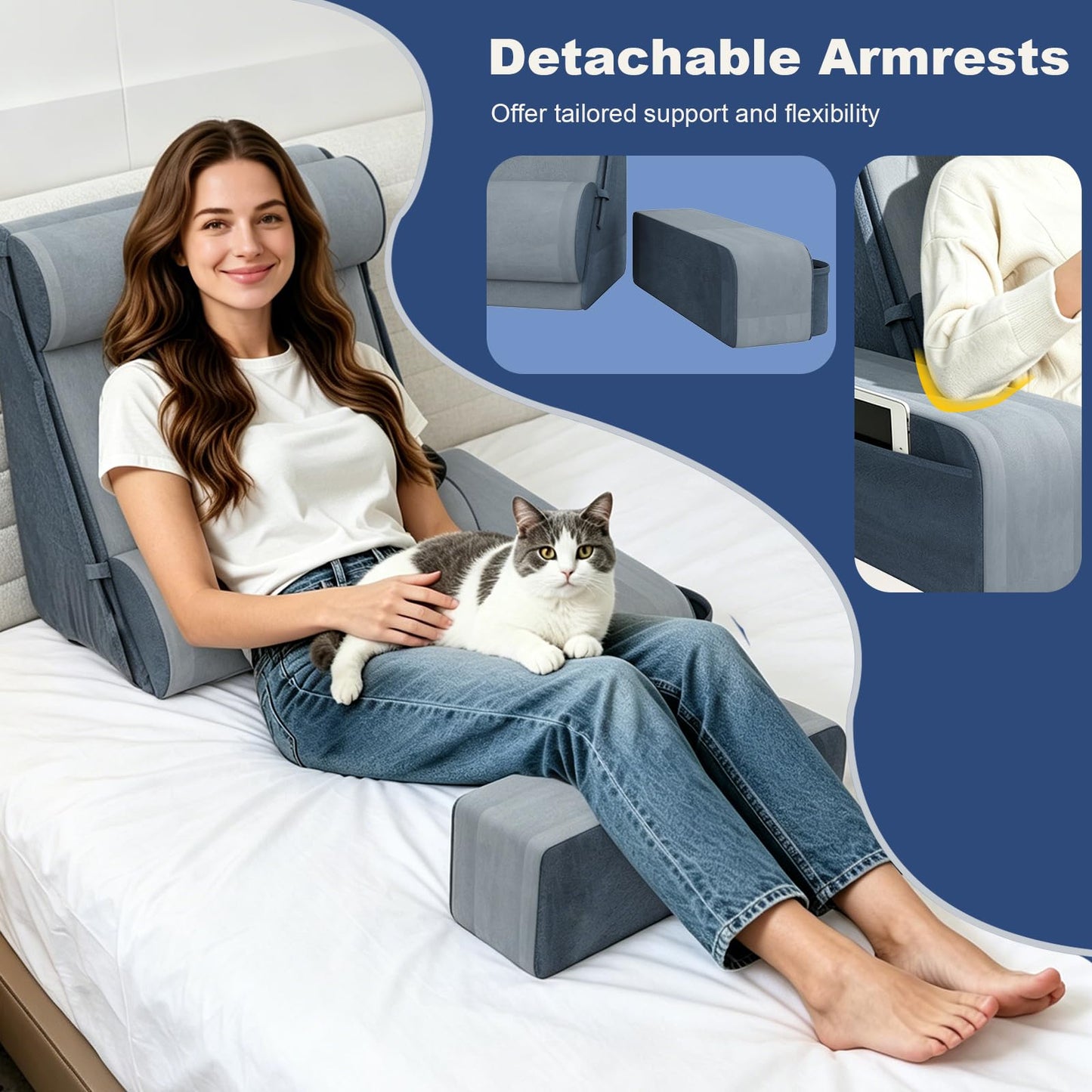 Reading Pillow, Back Pillow for Bed with Adjustable Headrest & Independent Lumbar Support, Detachable Armrest Sit Up Pillow for Bed, Dual Side Storage Pockets for Reading Gaming Nurs Sofa (Basic)