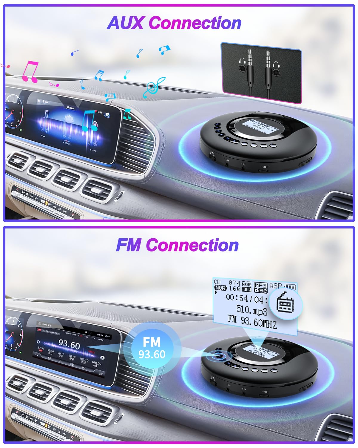 CD Player Portable ARAFUNA, Portable CD Player Bluetooth with FM Radio, 2000mAh Rechargeable CD Player for Car with LCD Screen, Anti Shock Protection Walkman CD Player with Headphone, AUX Cable