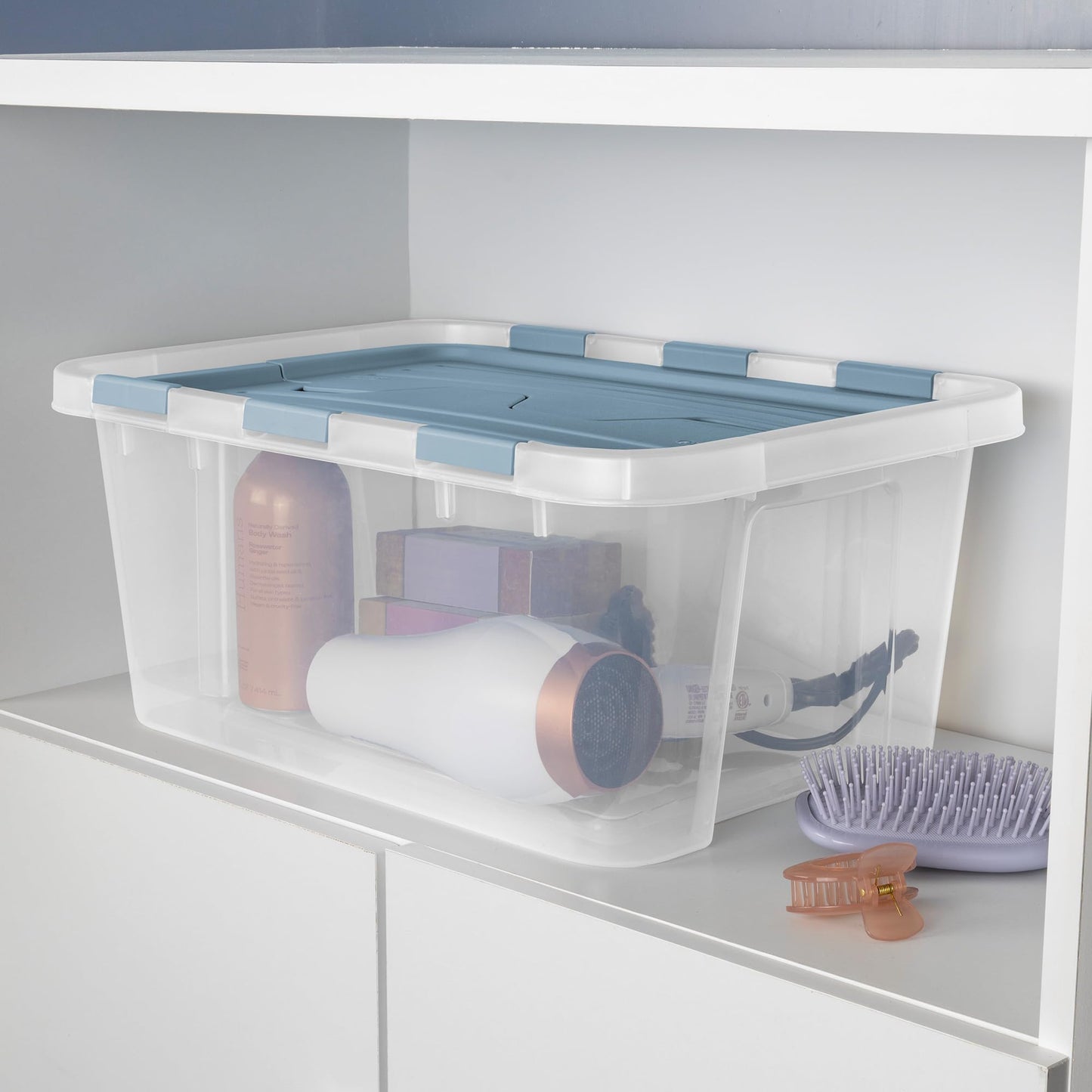 Sterilite 6-Pack Hinged Lid Storage Box, Plastic Organizer Containers, 20 Qt, Washed Blue - Large Stackable Tote Boxes with Lids for Home, Closet, Cabinet, Classroom, and Office Organization